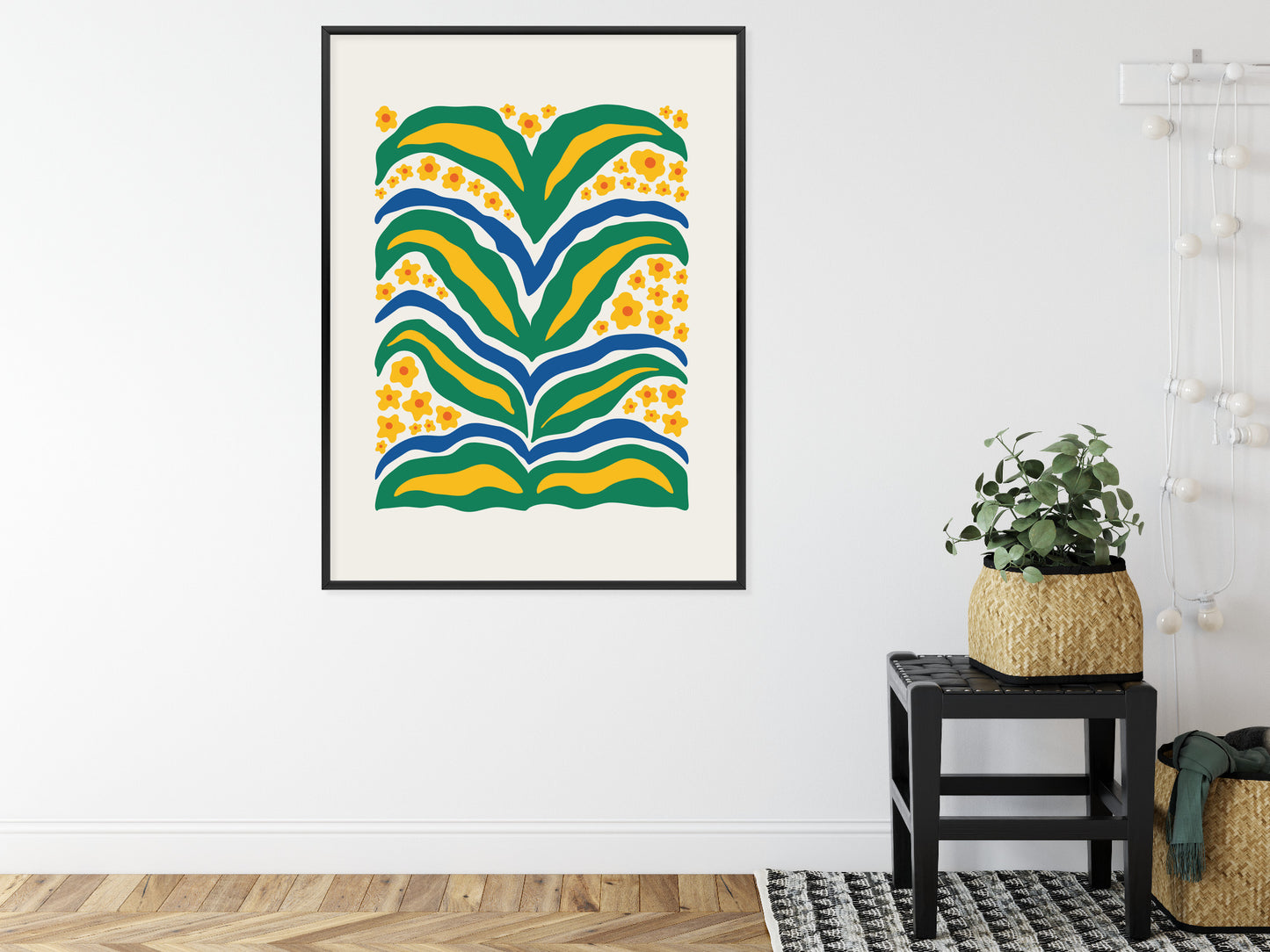 Poster Minimalistische Pflanze Mit Gelber Blumenabstraktion Rahmen Hölzern Farbe Weiß