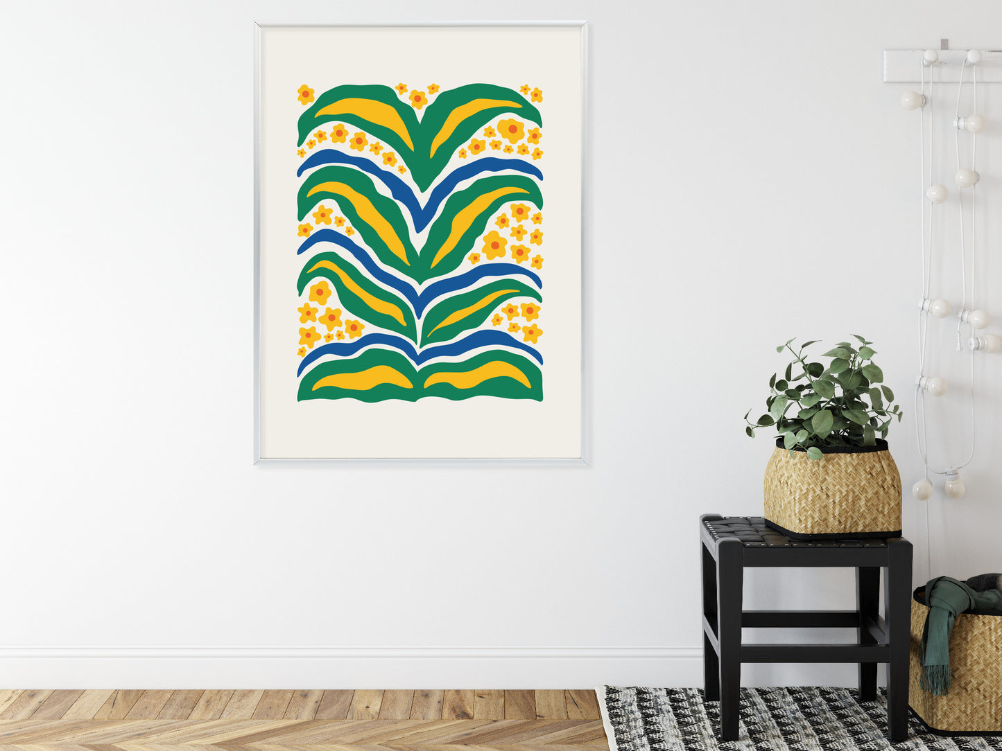 Poster Minimalistische Pflanze Mit Gelber Blumenabstraktion Rahmen Hölzern Farbe Weiß