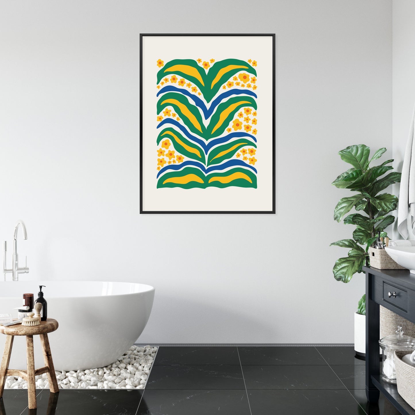 Poster Minimalistische Pflanze Mit Gelber Blumenabstraktion Rahmen Hölzern Farbe Weiß