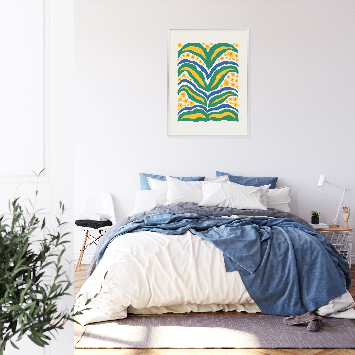 Poster Minimalistische Pflanze Mit Gelber Blumenabstraktion Rahmen Hölzern Farbe Weiß
