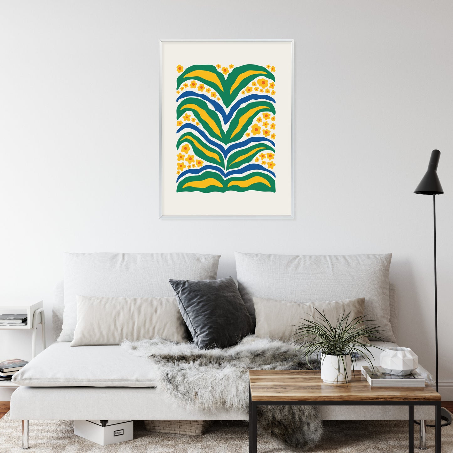 Poster Minimalistische Pflanze Mit Gelber Blumenabstraktion Rahmen Hölzern Farbe Weiß