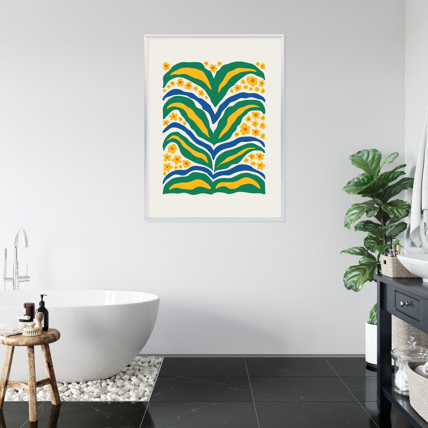 Poster Minimalistische Pflanze Mit Gelber Blumenabstraktion Rahmen Hölzern Farbe Weiß