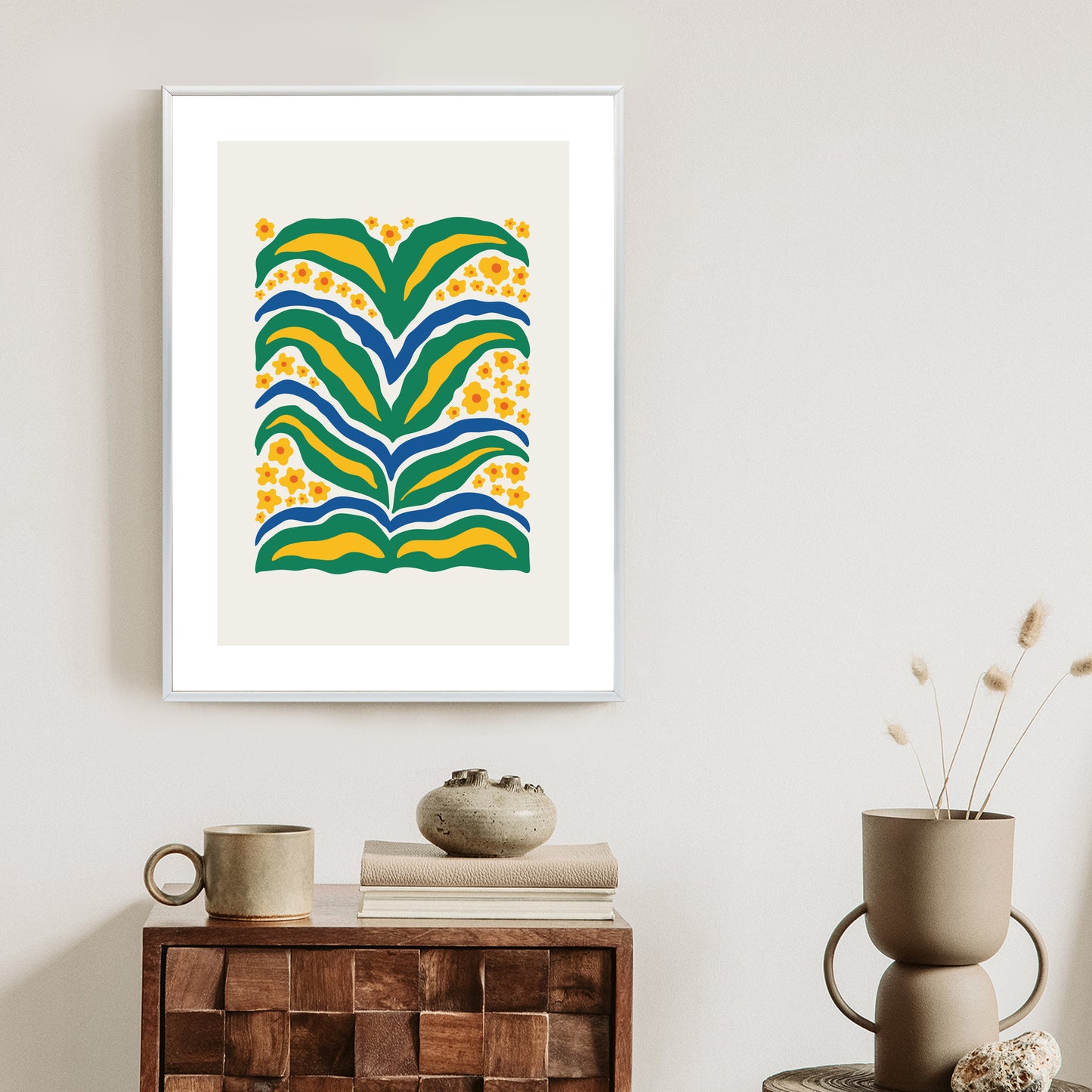 Poster Minimalistische Pflanze Mit Gelber Blumenabstraktion Rahmen Hölzern Farbe Weiß