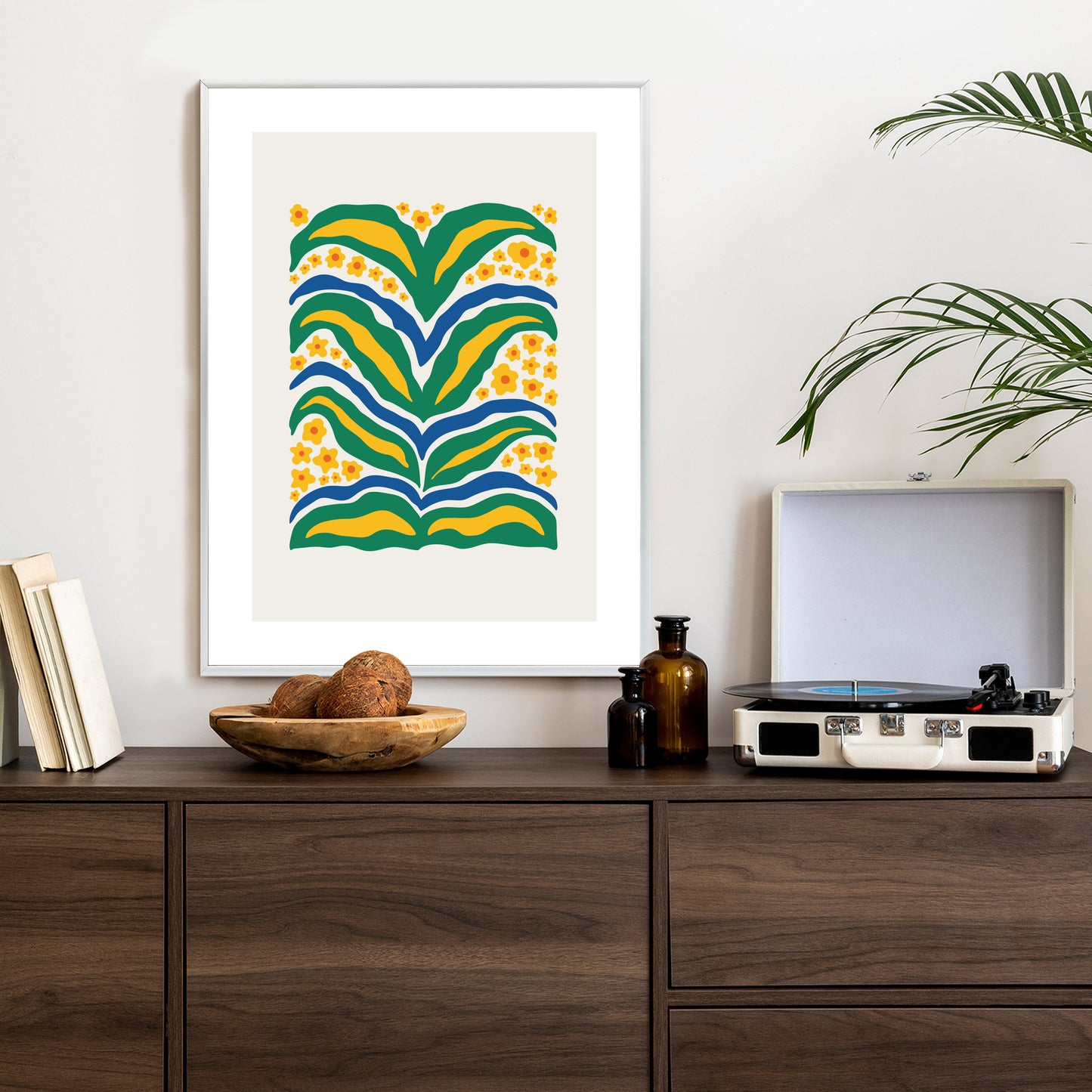 Poster Minimalistische Pflanze Mit Gelber Blumenabstraktion Rahmen Hölzern Farbe Weiß