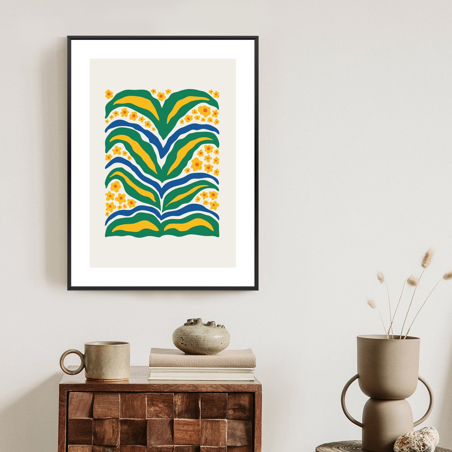 Poster Minimalistische Pflanze Mit Gelber Blumenabstraktion Rahmen Hölzern Farbe Weiß