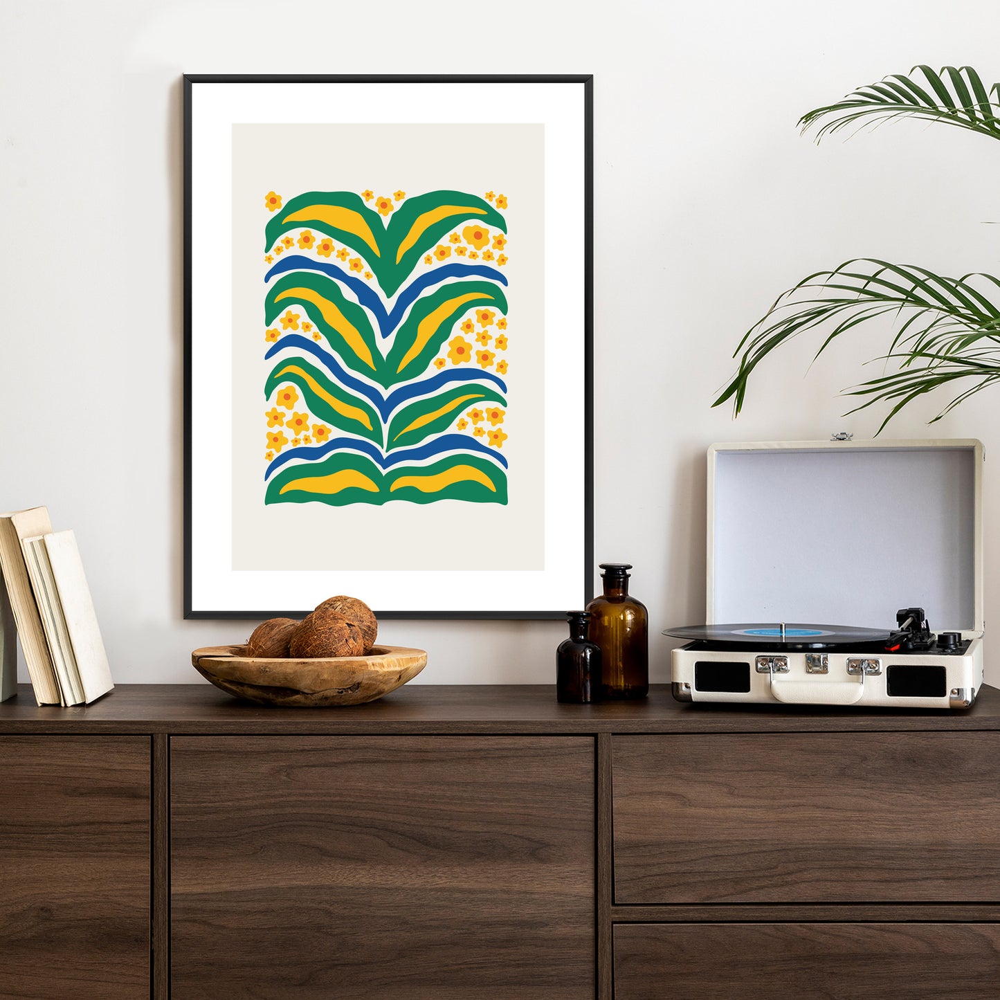 Poster Minimalistische Pflanze Mit Gelber Blumenabstraktion Rahmen Hölzern Farbe Weiß