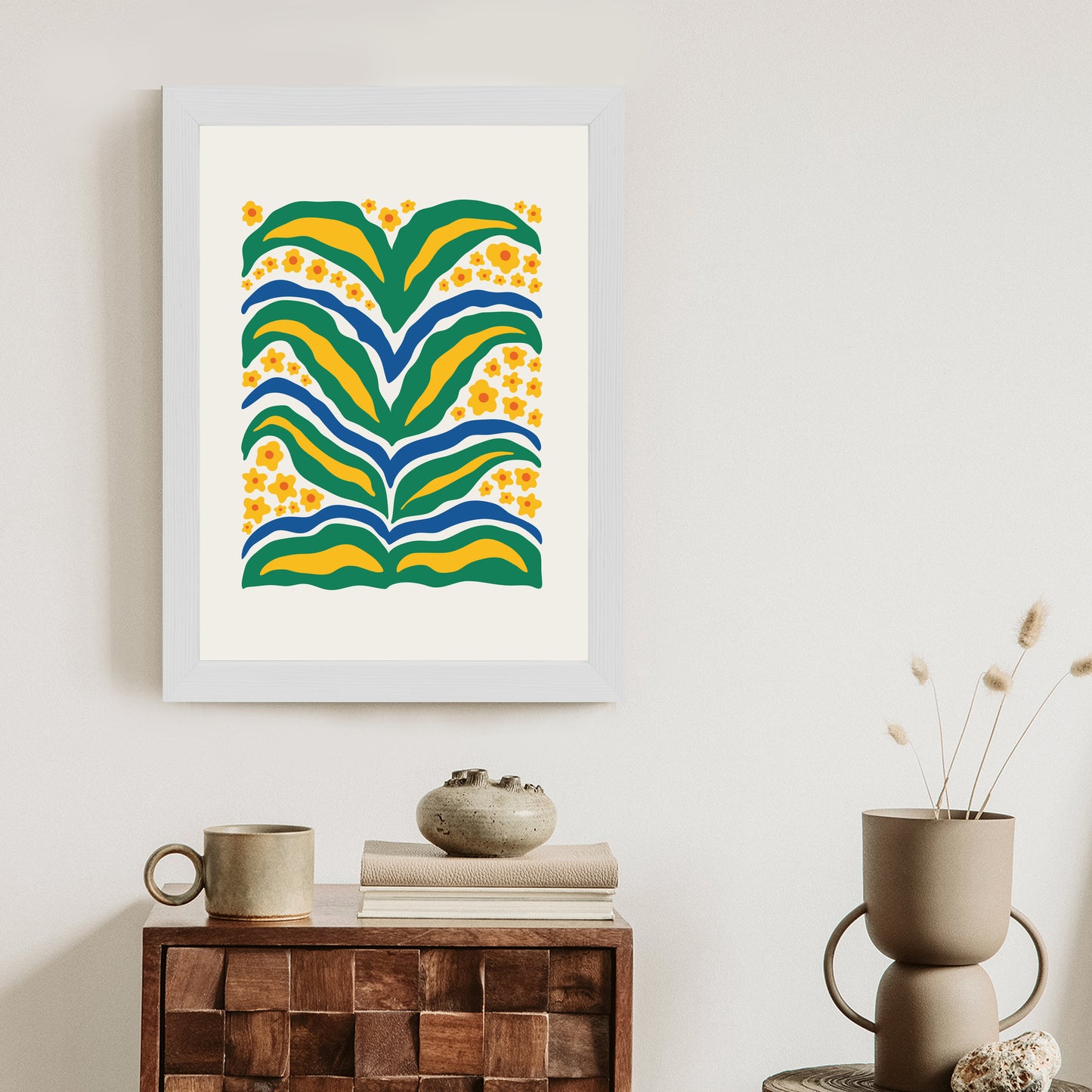 Poster Minimalistische Pflanze Mit Gelber Blumenabstraktion Rahmen Hölzern Farbe Weiß