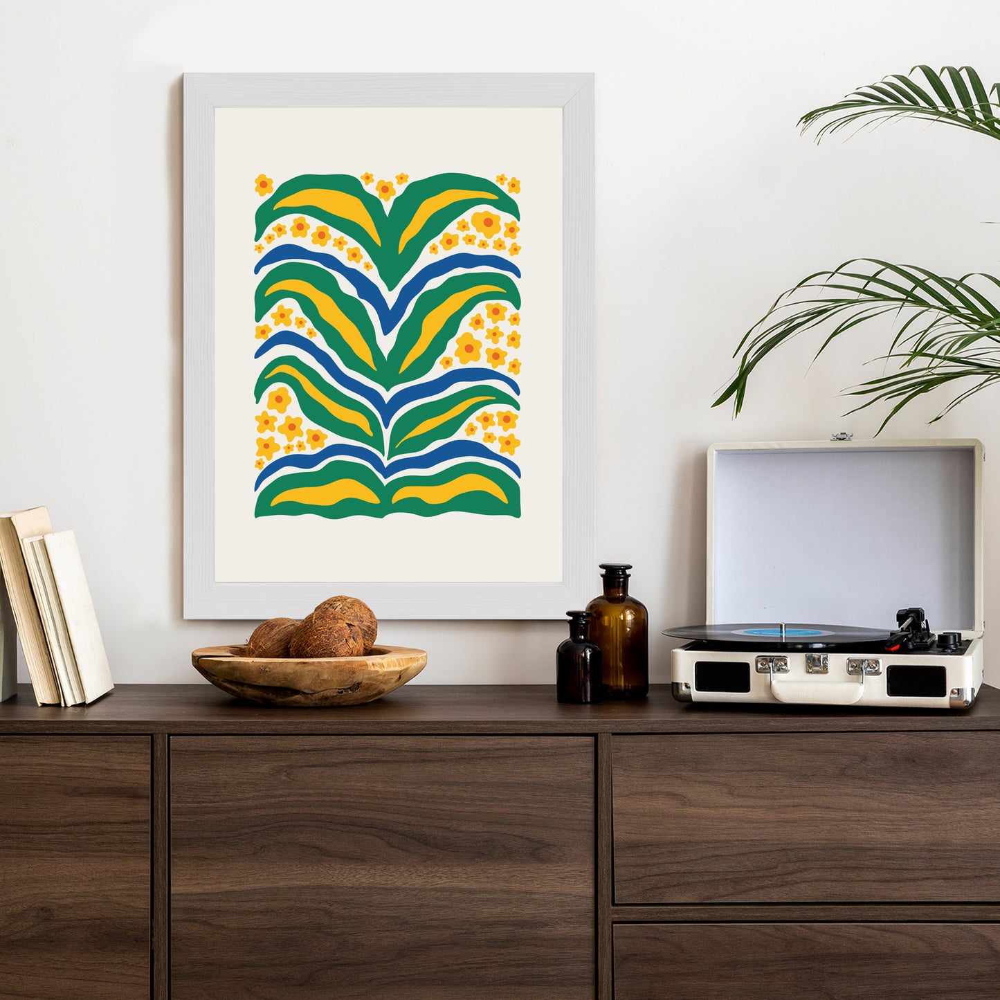 Poster Minimalistische Pflanze Mit Gelber Blumenabstraktion Rahmen Hölzern Farbe Weiß