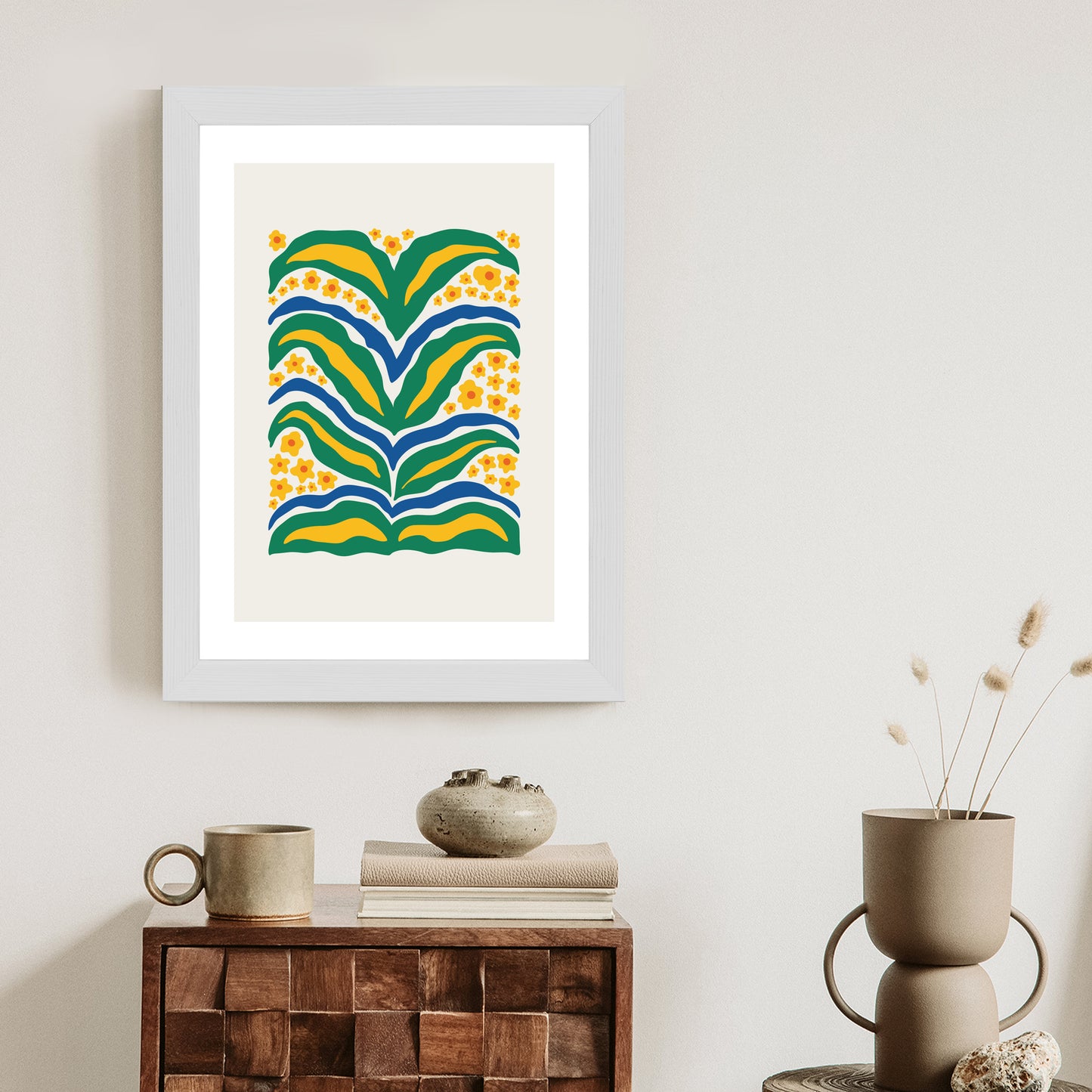 Poster Minimalistische Pflanze Mit Gelber Blumenabstraktion Rahmen Hölzern Farbe Weiß