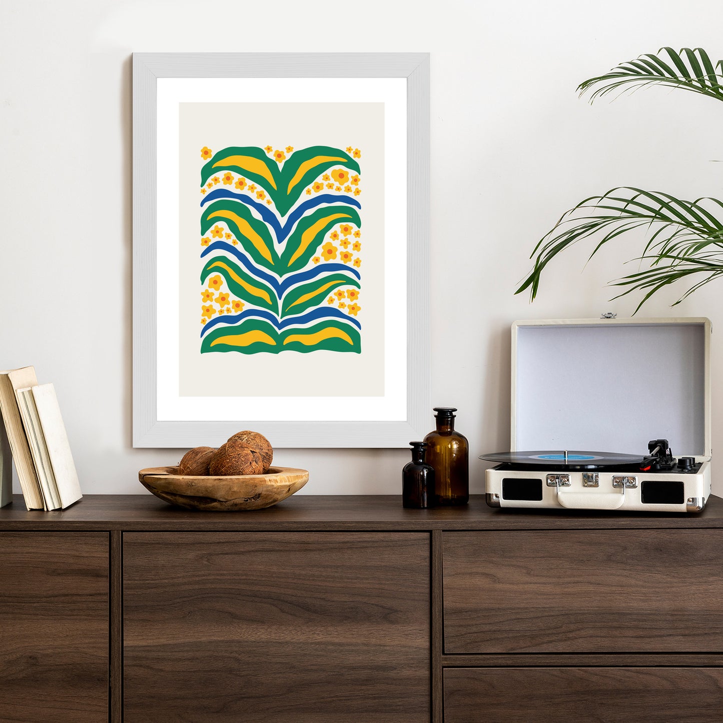 Poster Minimalistische Pflanze Mit Gelber Blumenabstraktion Rahmen Hölzern Farbe Weiß