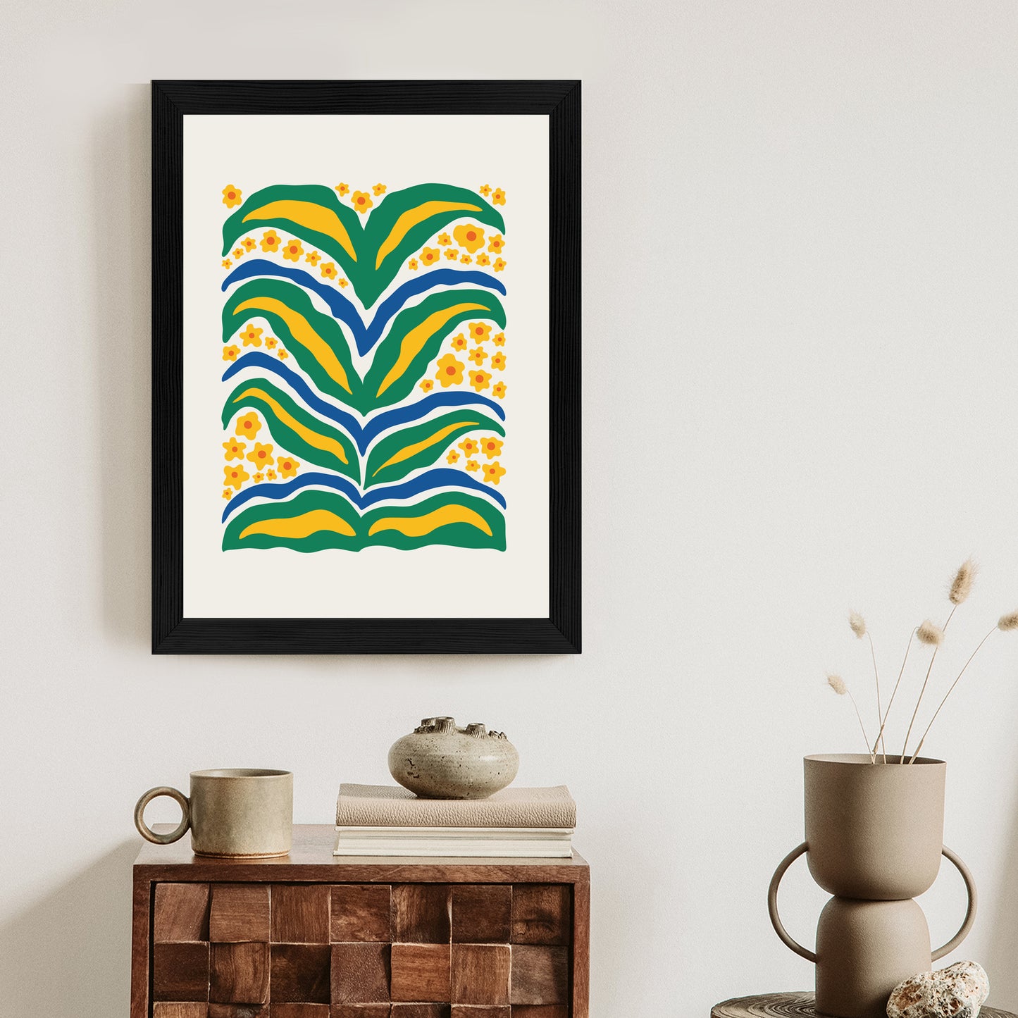 Poster Minimalistische Pflanze Mit Gelber Blumenabstraktion Rahmen Hölzern Farbe Weiß