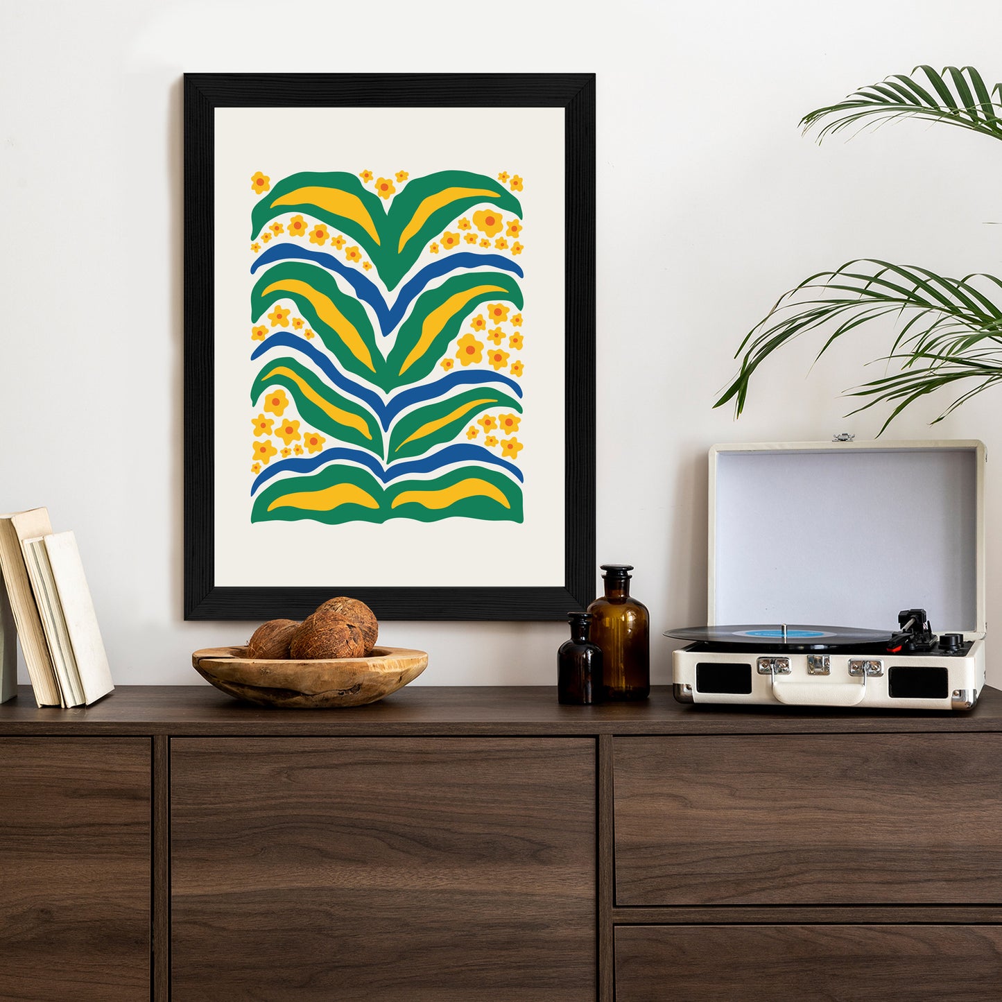 Poster Minimalistische Pflanze Mit Gelber Blumenabstraktion Rahmen Hölzern Farbe Weiß