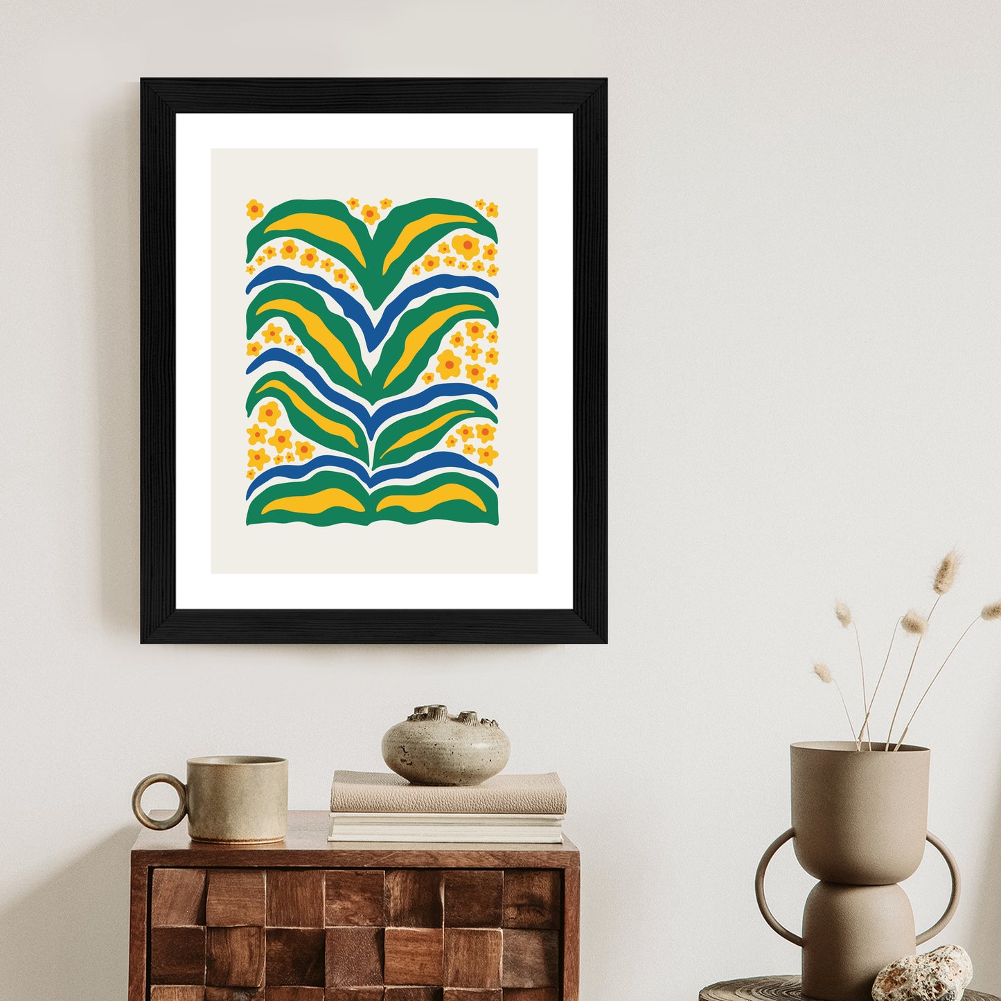 Poster Minimalistische Pflanze Mit Gelber Blumenabstraktion Rahmen Hölzern Farbe Weiß