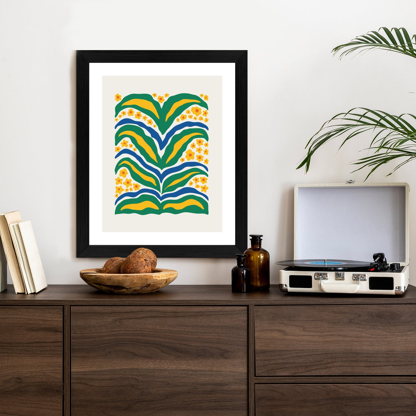 Poster Minimalistische Pflanze Mit Gelber Blumenabstraktion Rahmen Hölzern Farbe Weiß
