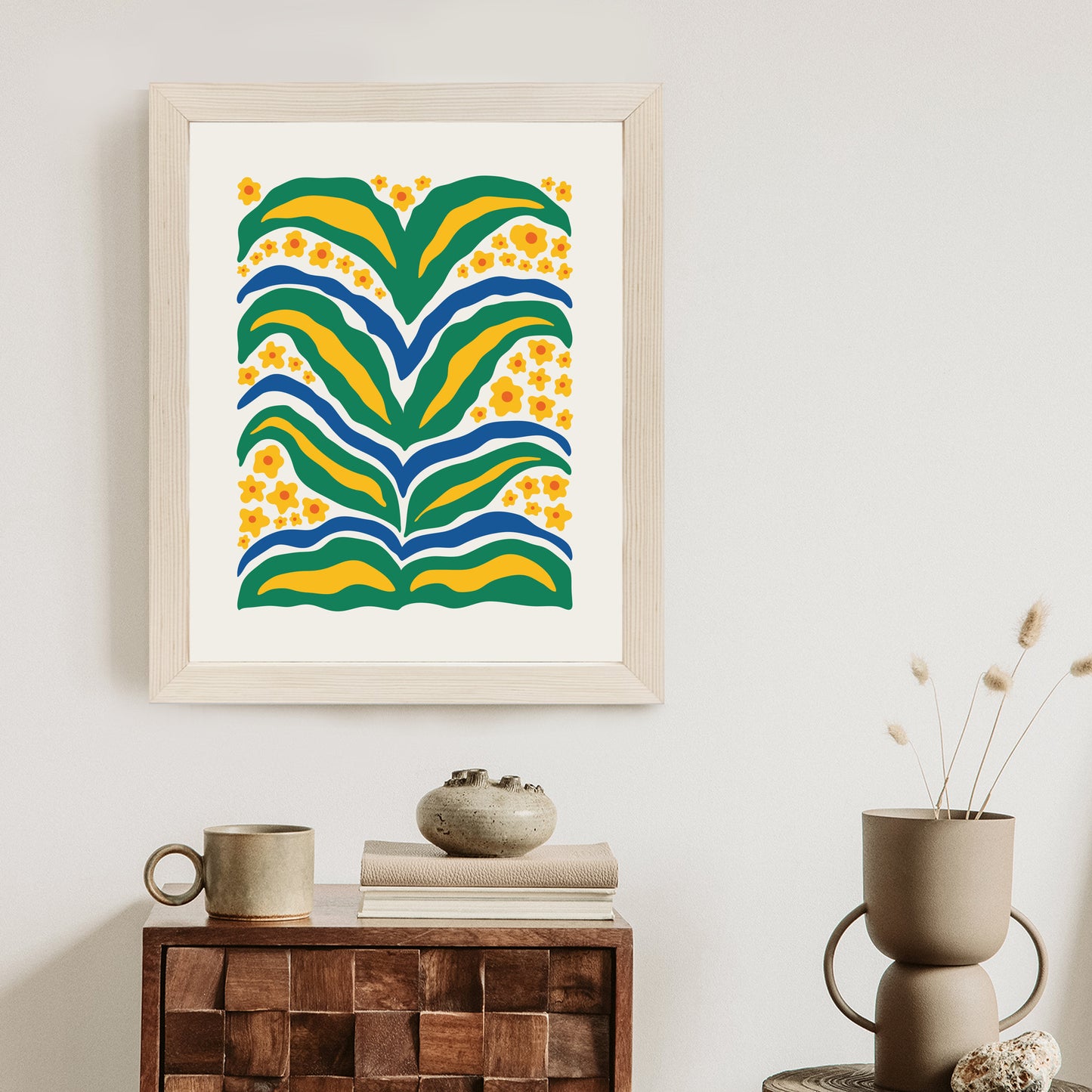 Poster Minimalistische Pflanze Mit Gelber Blumenabstraktion Rahmen Hölzern Farbe Weiß