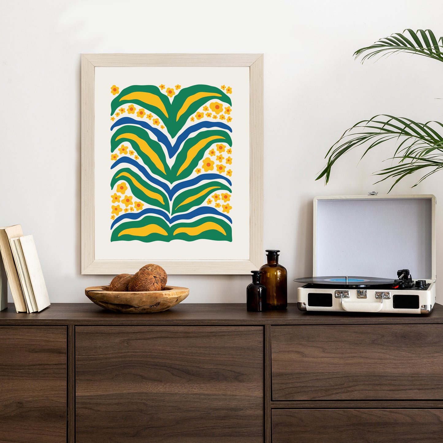 Poster Minimalistische Pflanze Mit Gelber Blumenabstraktion Rahmen Hölzern Farbe Weiß