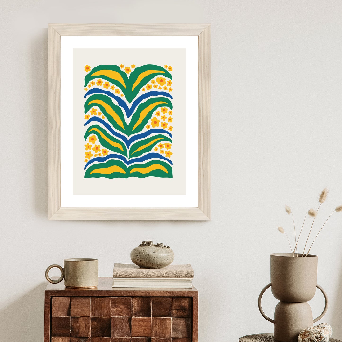 Poster Minimalistische Pflanze Mit Gelber Blumenabstraktion Rahmen Hölzern Farbe Weiß