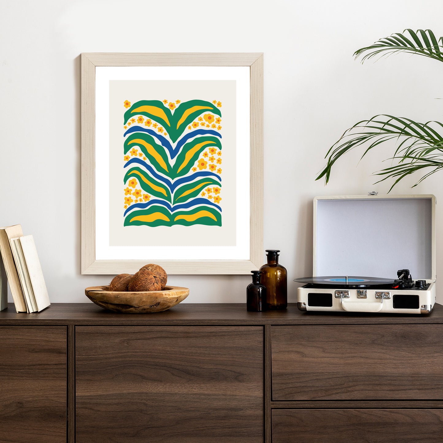 Poster Minimalistische Pflanze Mit Gelber Blumenabstraktion Rahmen Hölzern Farbe Weiß