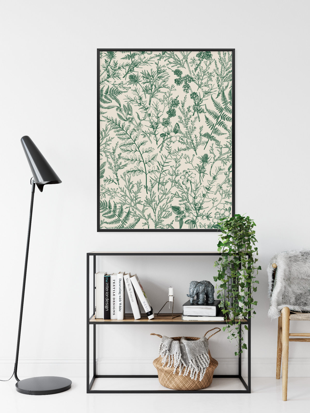Poster Grüne Pflanzen Auf Beigem Hintergrund, Botanisches Muster