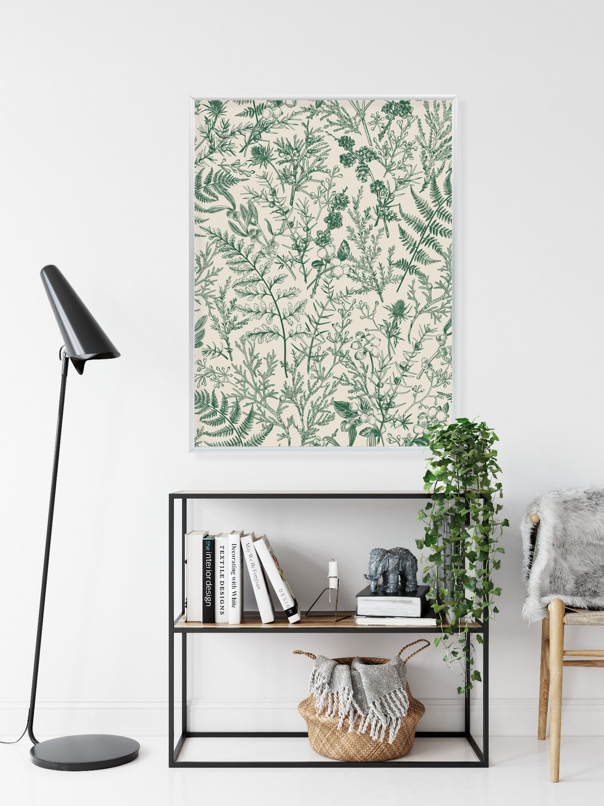Poster Grüne Pflanzen Auf Beigem Hintergrund, Botanisches Muster