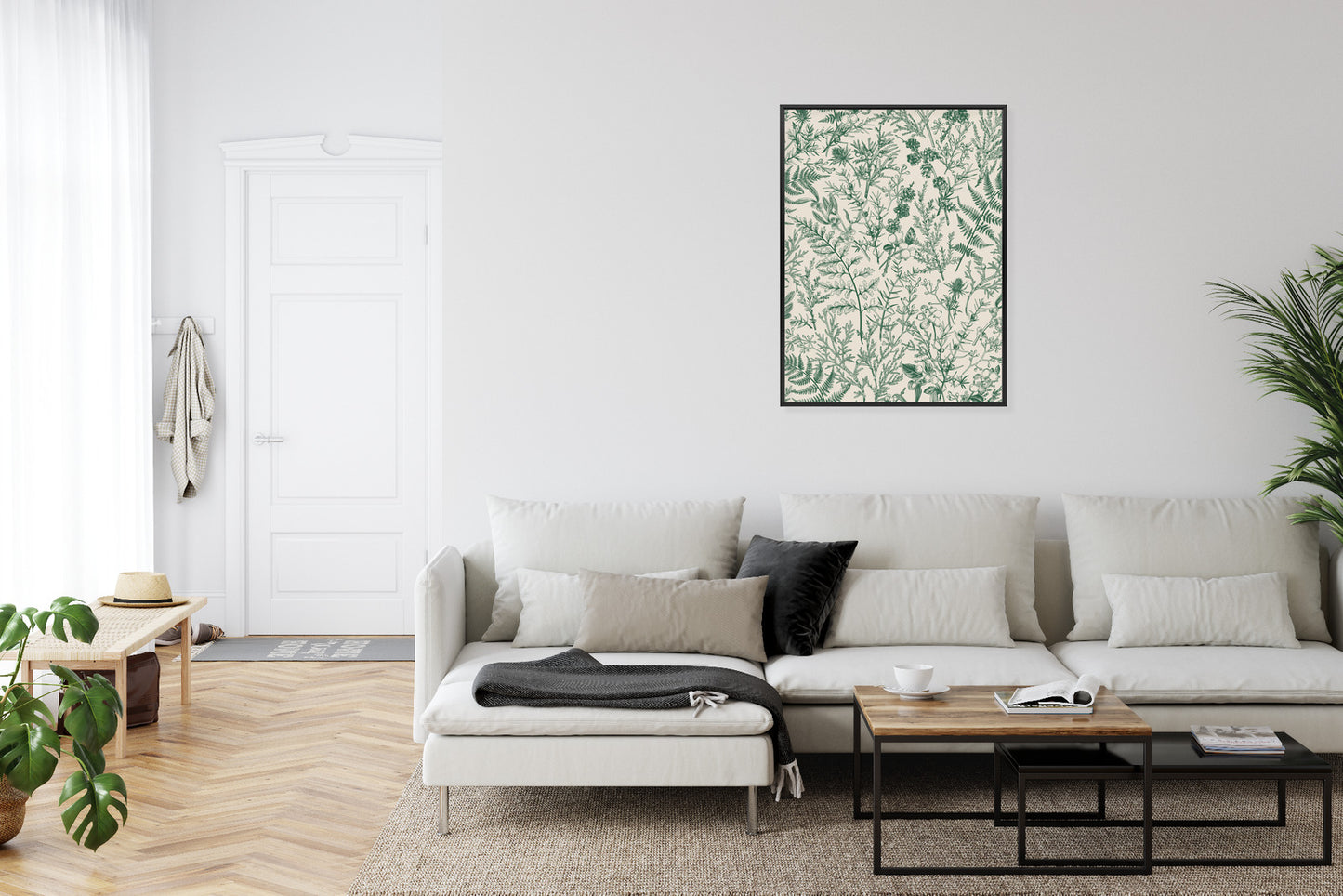 Poster Grüne Pflanzen Auf Beigem Hintergrund, Botanisches Muster