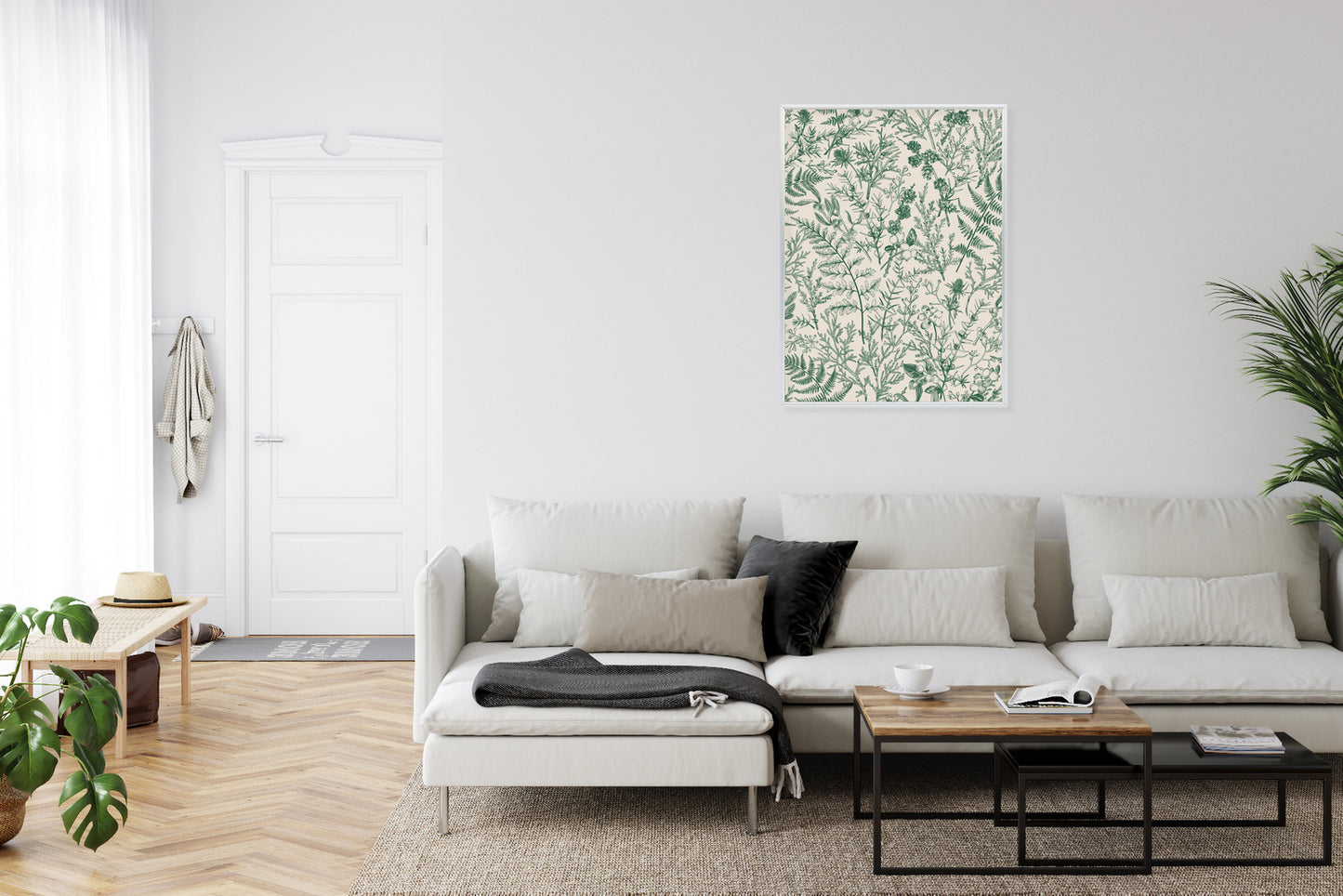 Poster Grüne Pflanzen Auf Beigem Hintergrund, Botanisches Muster