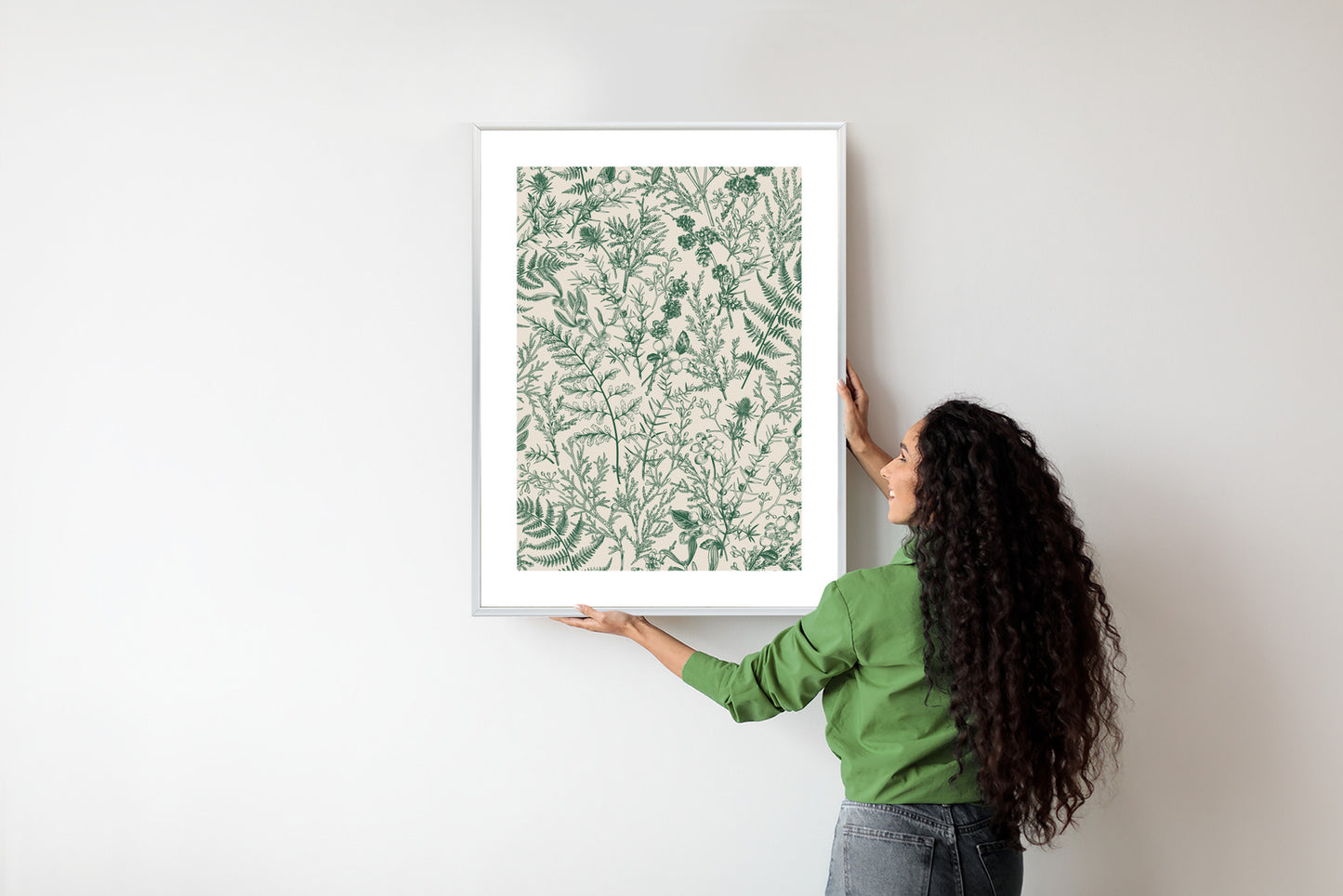 Poster Grüne Pflanzen Auf Beigem Hintergrund, Botanisches Muster