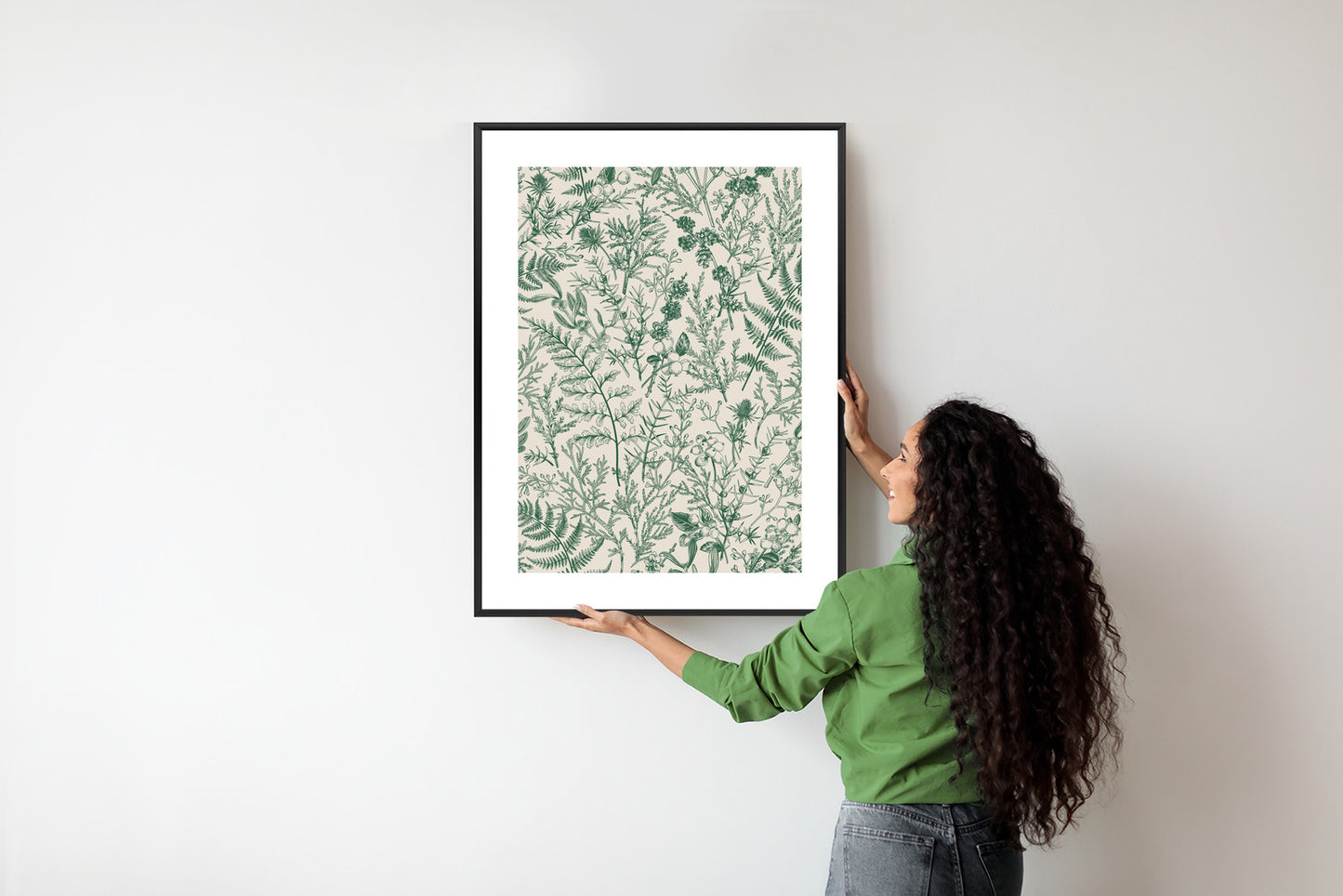 Poster Grüne Pflanzen Auf Beigem Hintergrund, Botanisches Muster