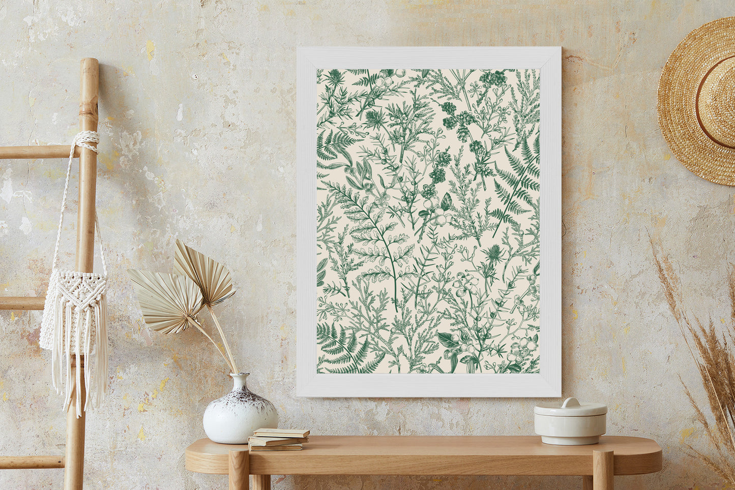 Poster Grüne Pflanzen Auf Beigem Hintergrund, Botanisches Muster