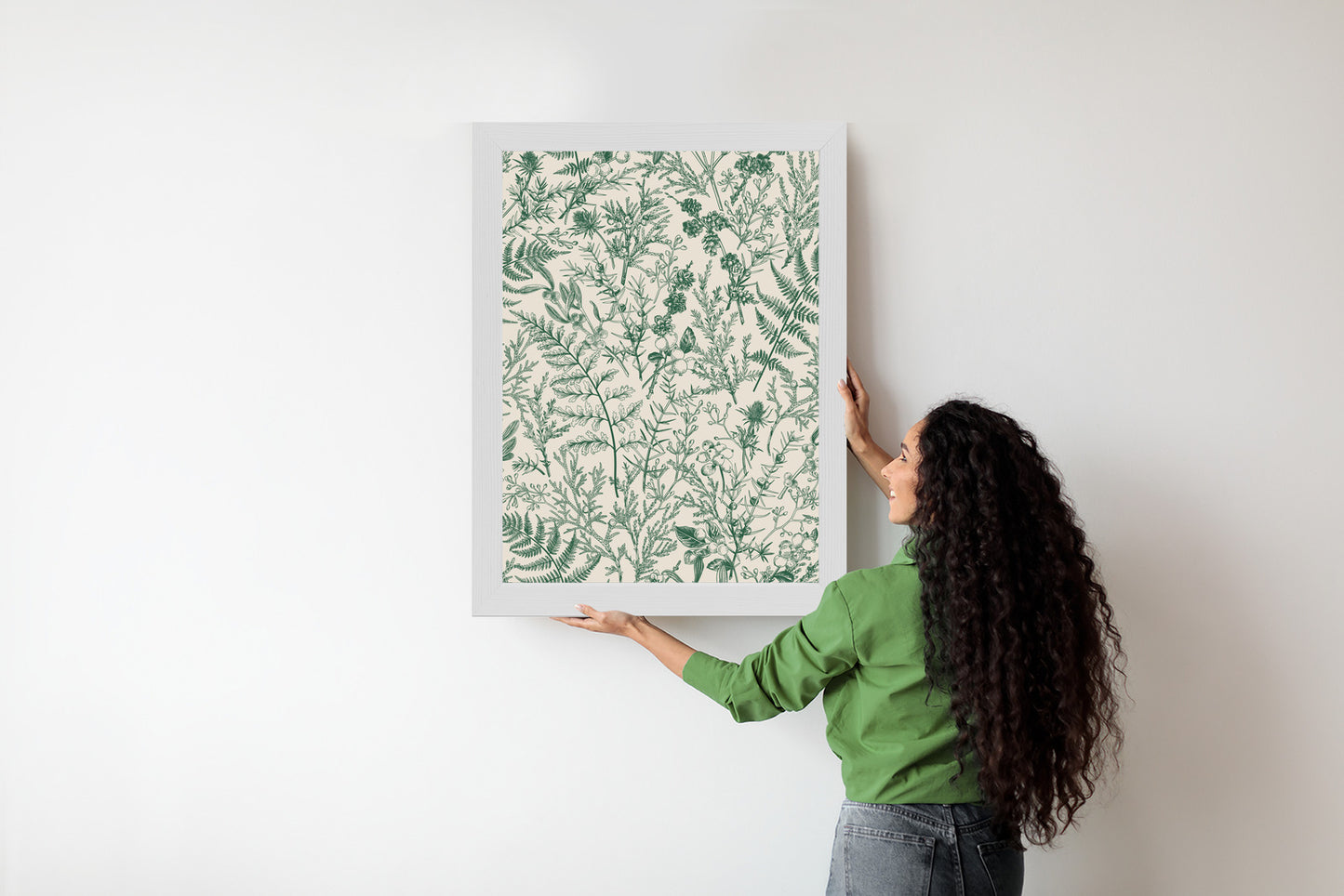Poster Grüne Pflanzen Auf Beigem Hintergrund, Botanisches Muster