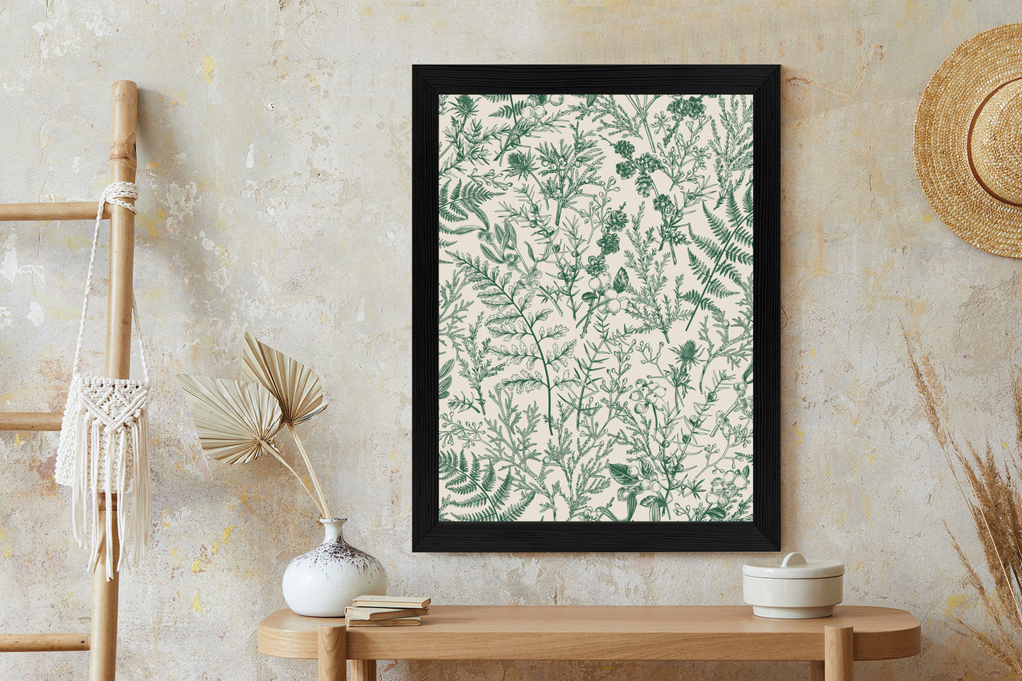 Poster Grüne Pflanzen Auf Beigem Hintergrund, Botanisches Muster