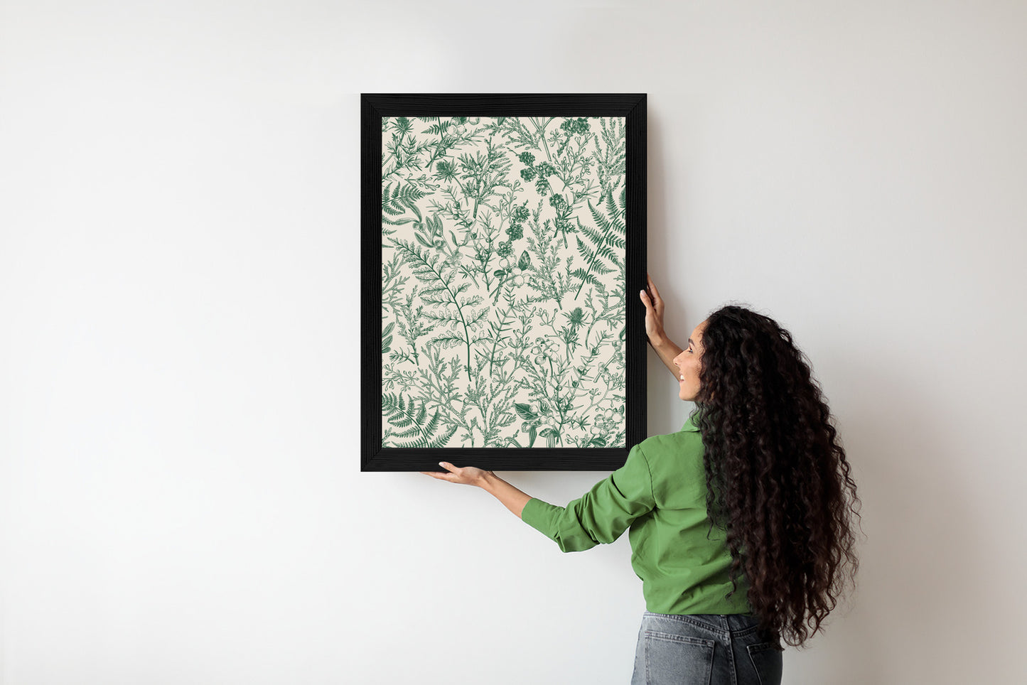 Poster Grüne Pflanzen Auf Beigem Hintergrund, Botanisches Muster