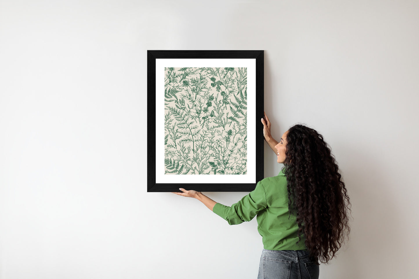 Poster Grüne Pflanzen Auf Beigem Hintergrund, Botanisches Muster