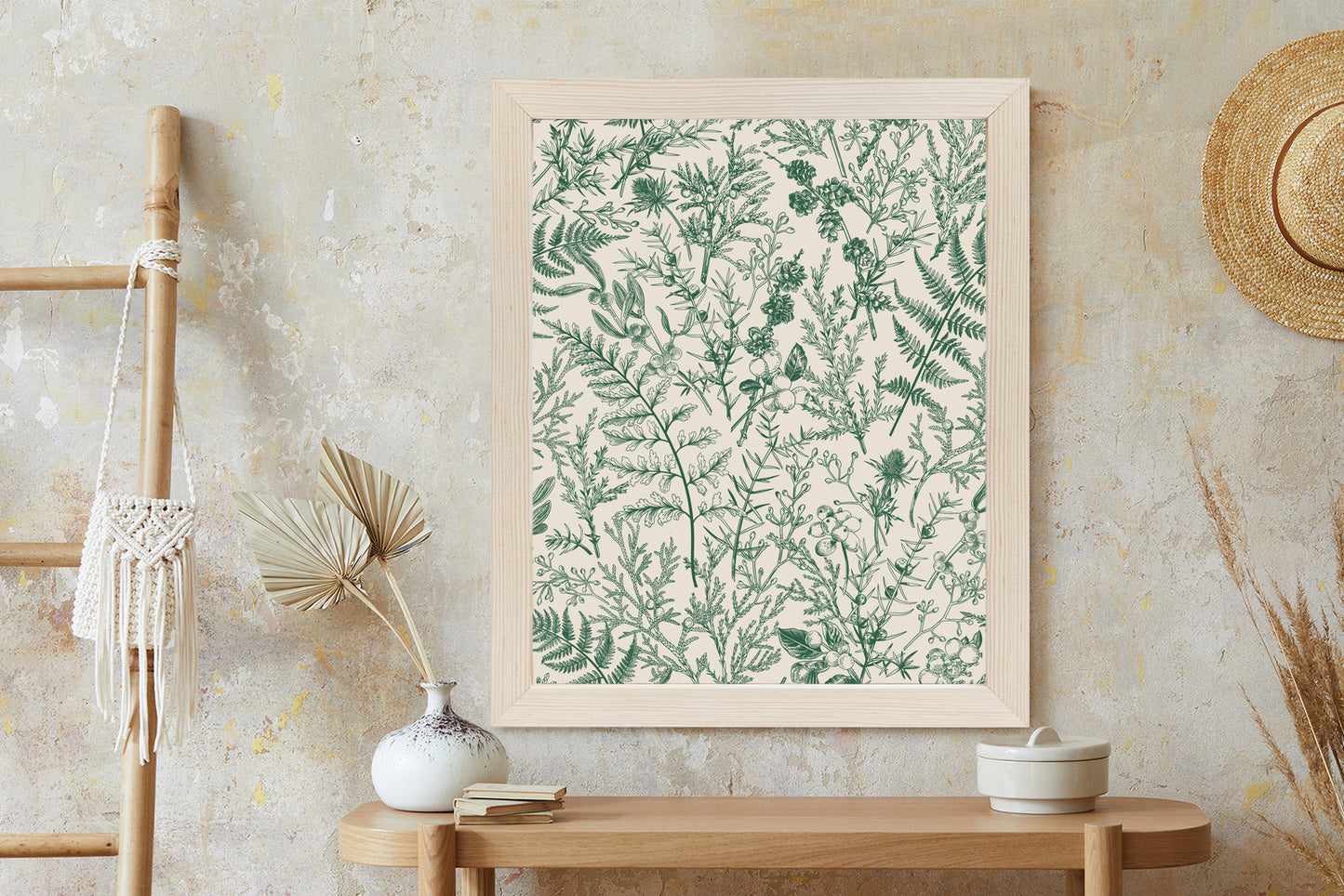 Poster Grüne Pflanzen Auf Beigem Hintergrund, Botanisches Muster