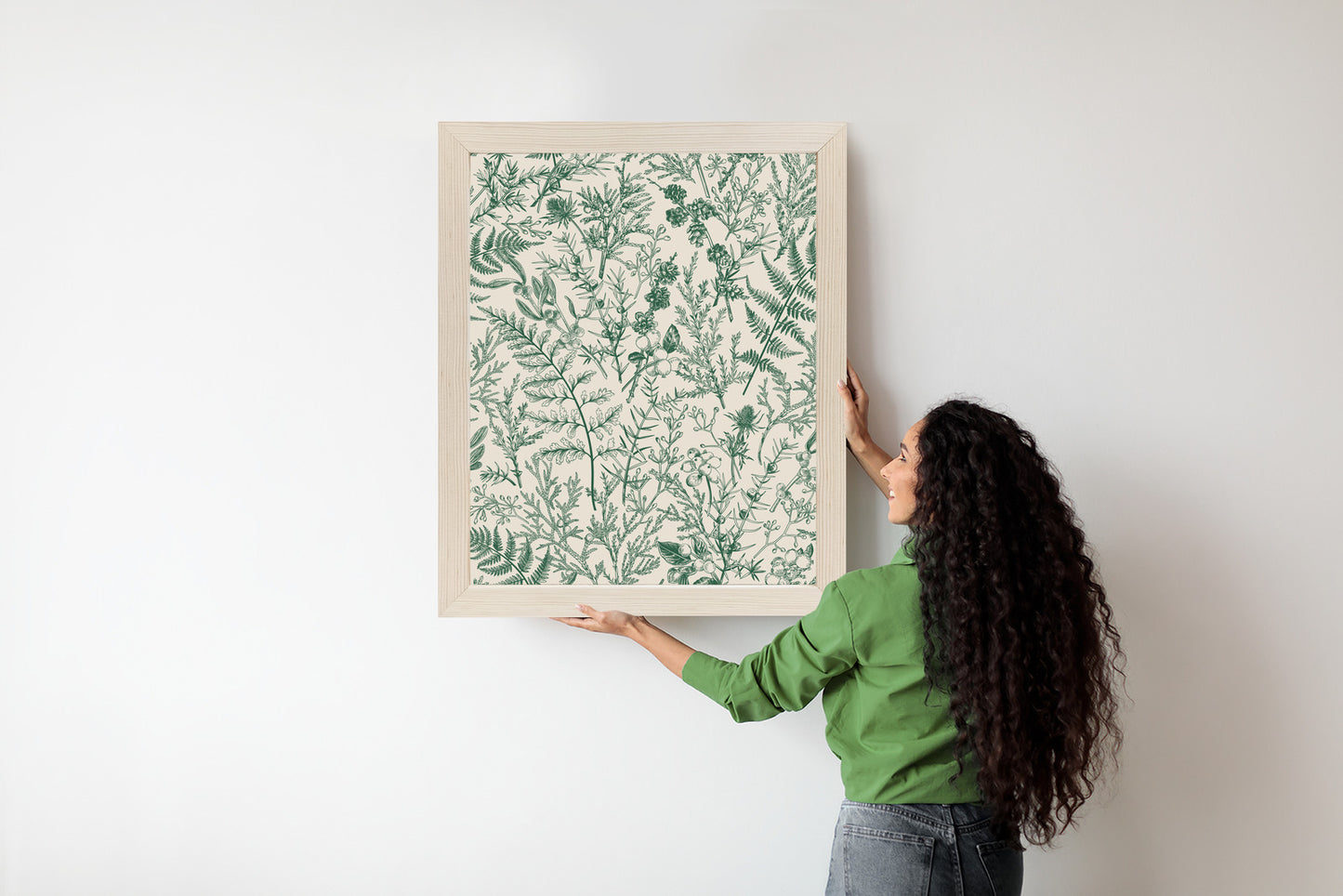 Poster Grüne Pflanzen Auf Beigem Hintergrund, Botanisches Muster