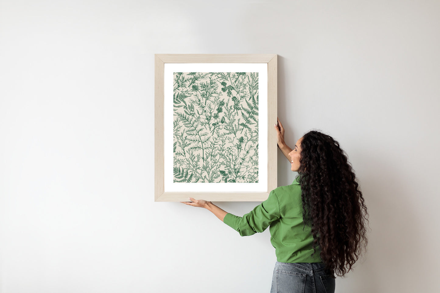 Poster Grüne Pflanzen Auf Beigem Hintergrund, Botanisches Muster