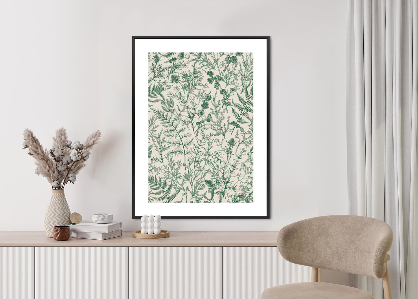 Poster Grüne Pflanzen Auf Beigem Hintergrund, Botanisches Muster
