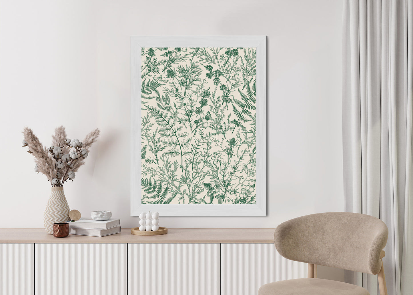 Poster Grüne Pflanzen Auf Beigem Hintergrund, Botanisches Muster