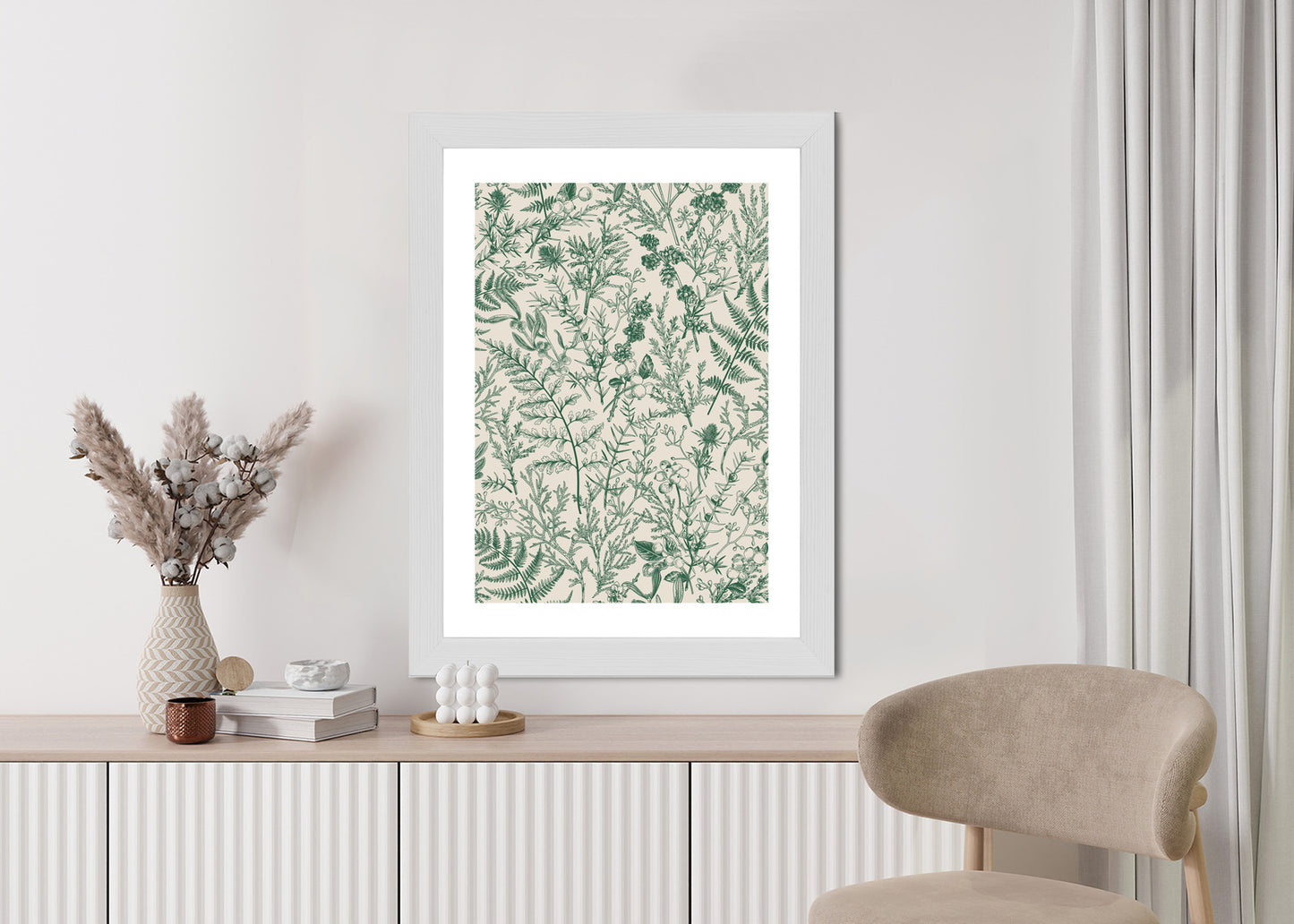 Poster Grüne Pflanzen Auf Beigem Hintergrund, Botanisches Muster