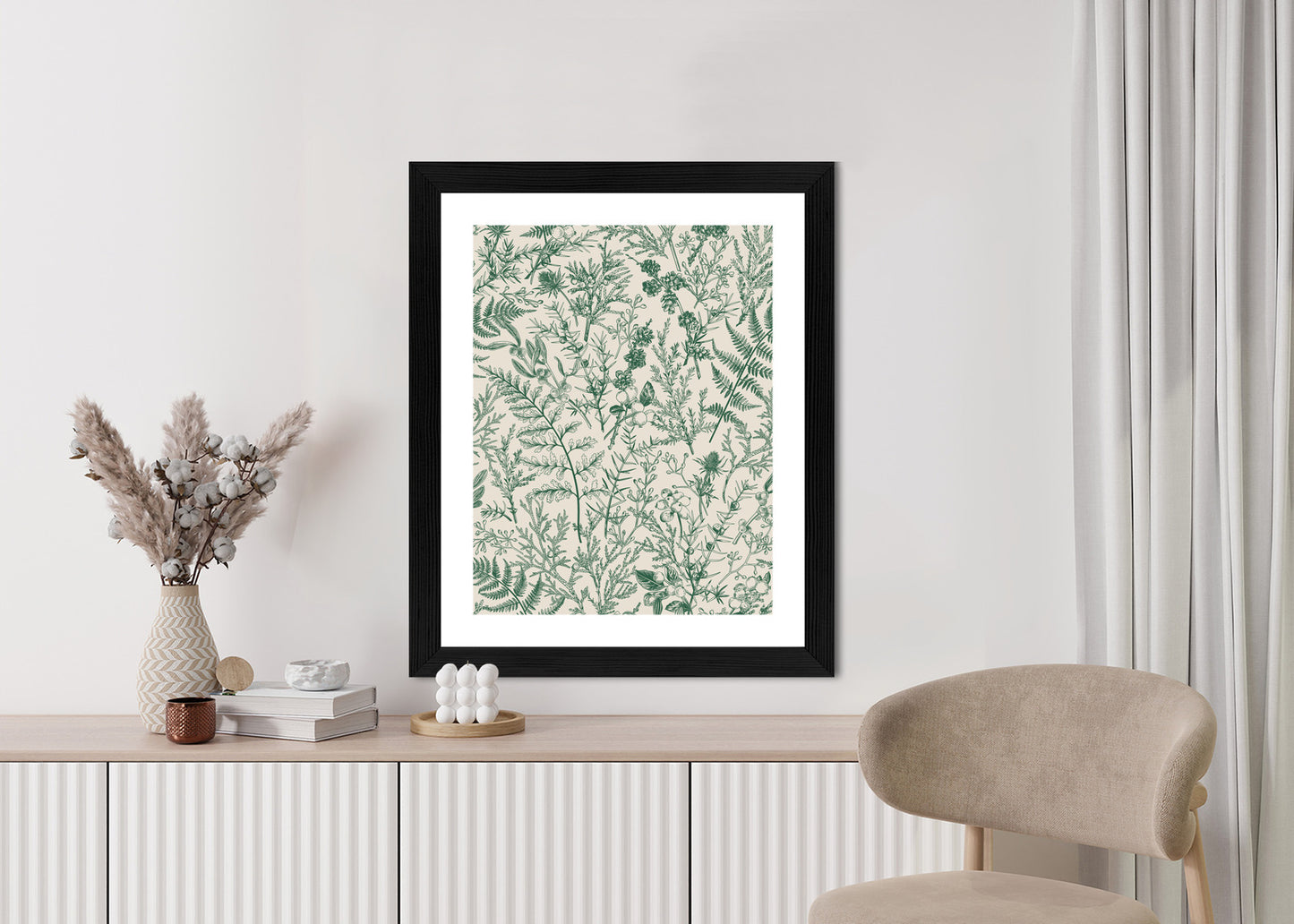 Poster Grüne Pflanzen Auf Beigem Hintergrund, Botanisches Muster