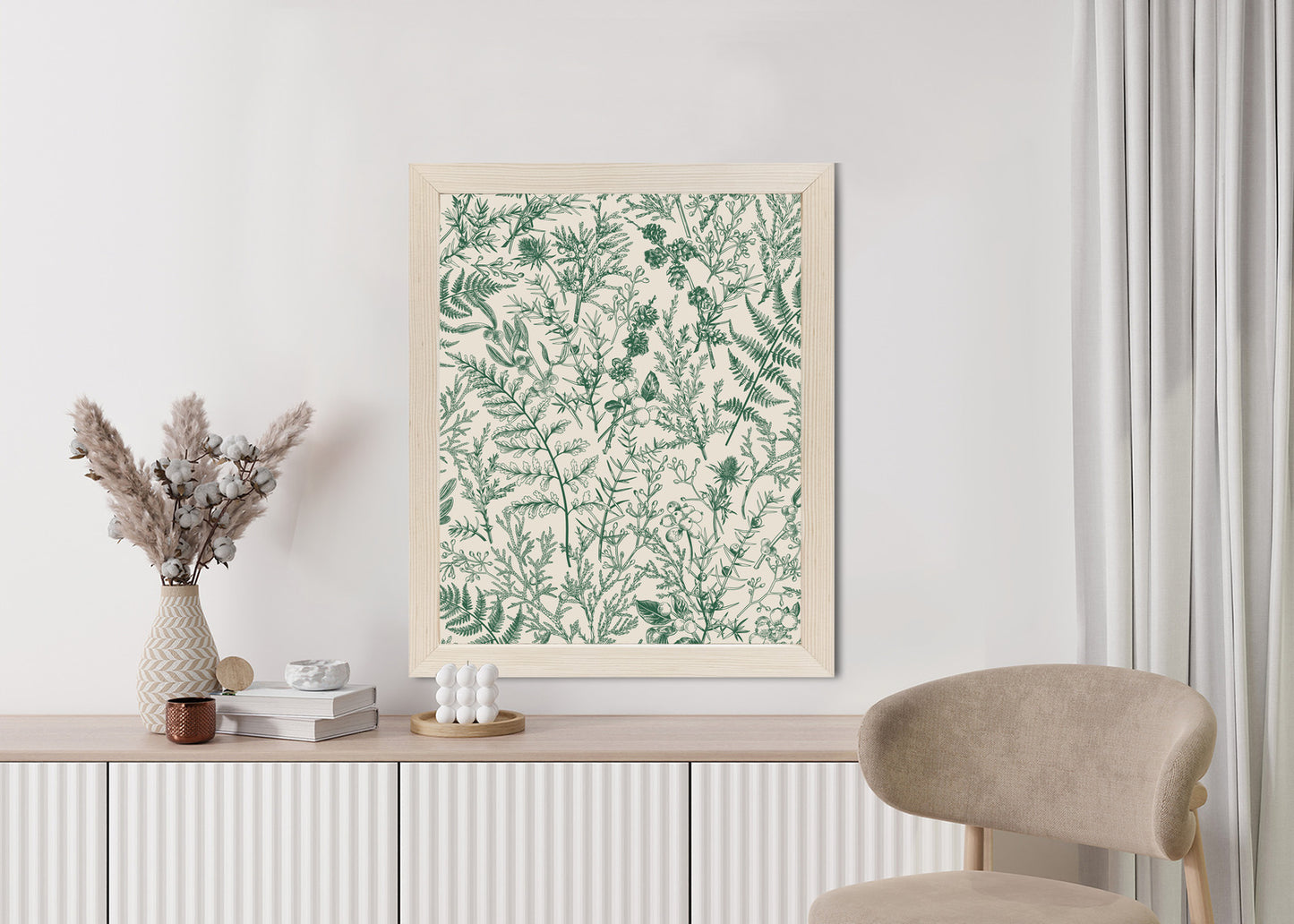 Poster Grüne Pflanzen Auf Beigem Hintergrund, Botanisches Muster