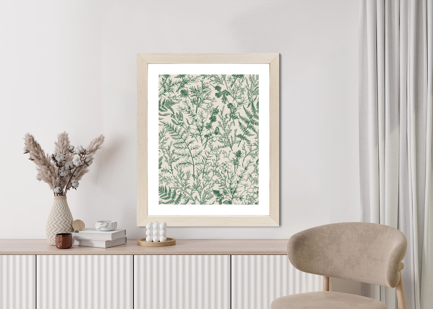 Poster Grüne Pflanzen Auf Beigem Hintergrund, Botanisches Muster