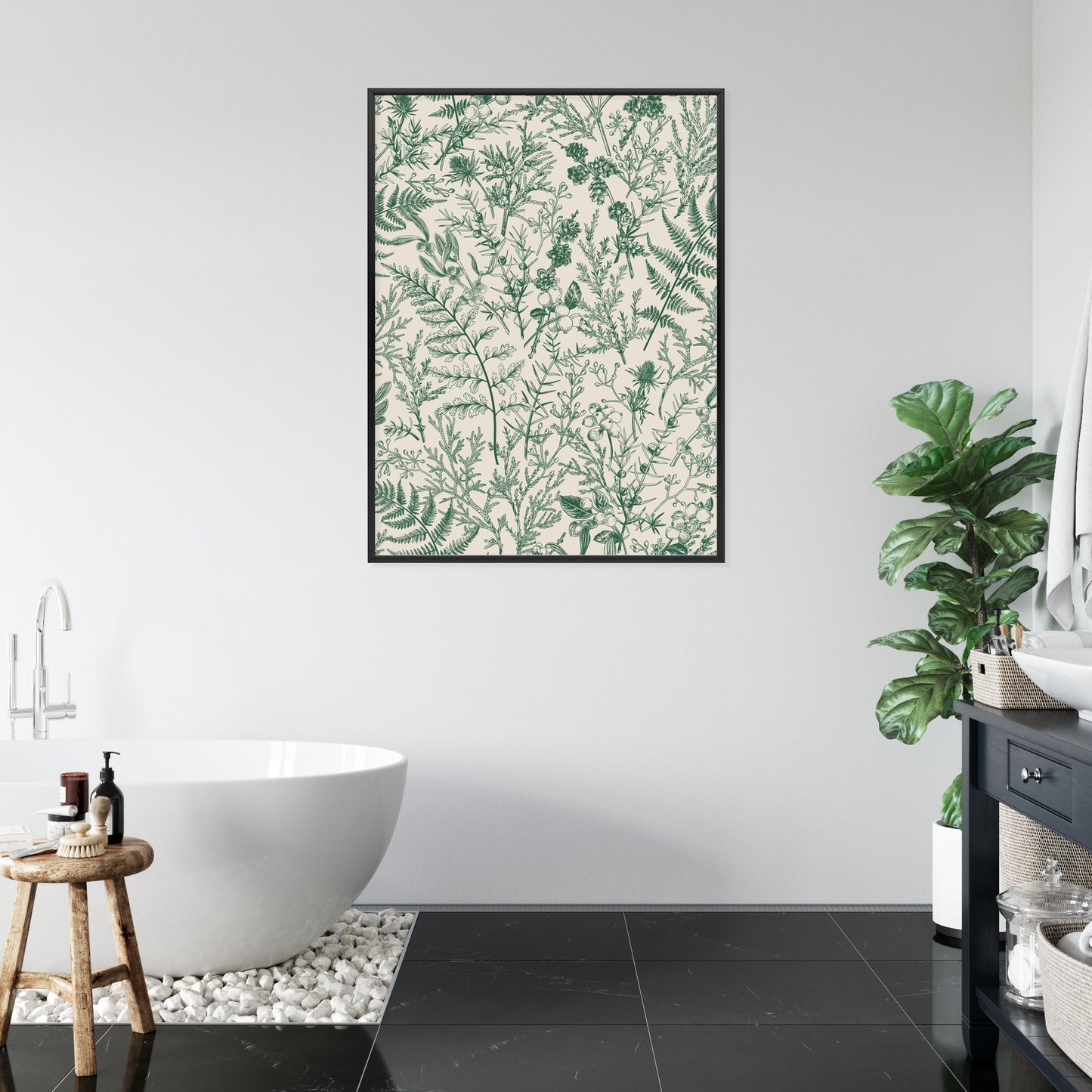 Poster Grüne Pflanzen Auf Beigem Hintergrund, Botanisches Muster