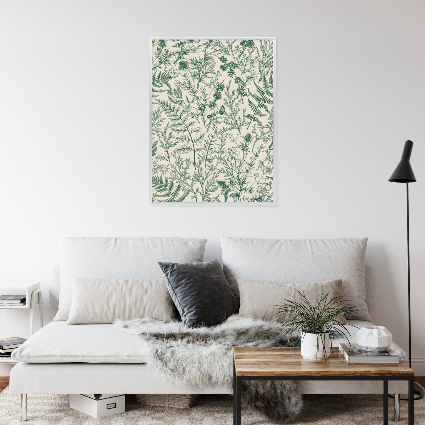 Poster Grüne Pflanzen Auf Beigem Hintergrund, Botanisches Muster