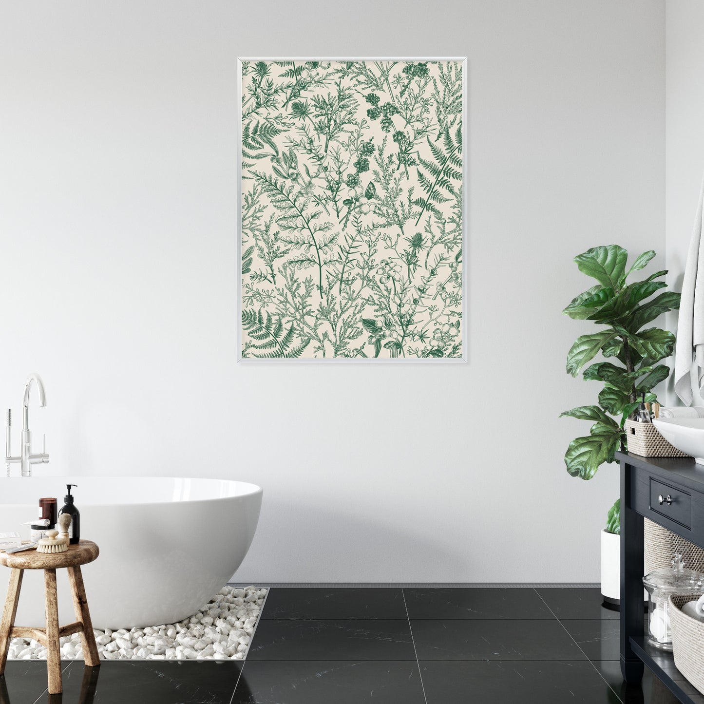 Poster Grüne Pflanzen Auf Beigem Hintergrund, Botanisches Muster