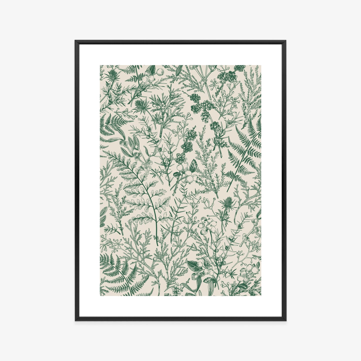 Poster Grüne Pflanzen Auf Beigem Hintergrund, Botanisches Muster