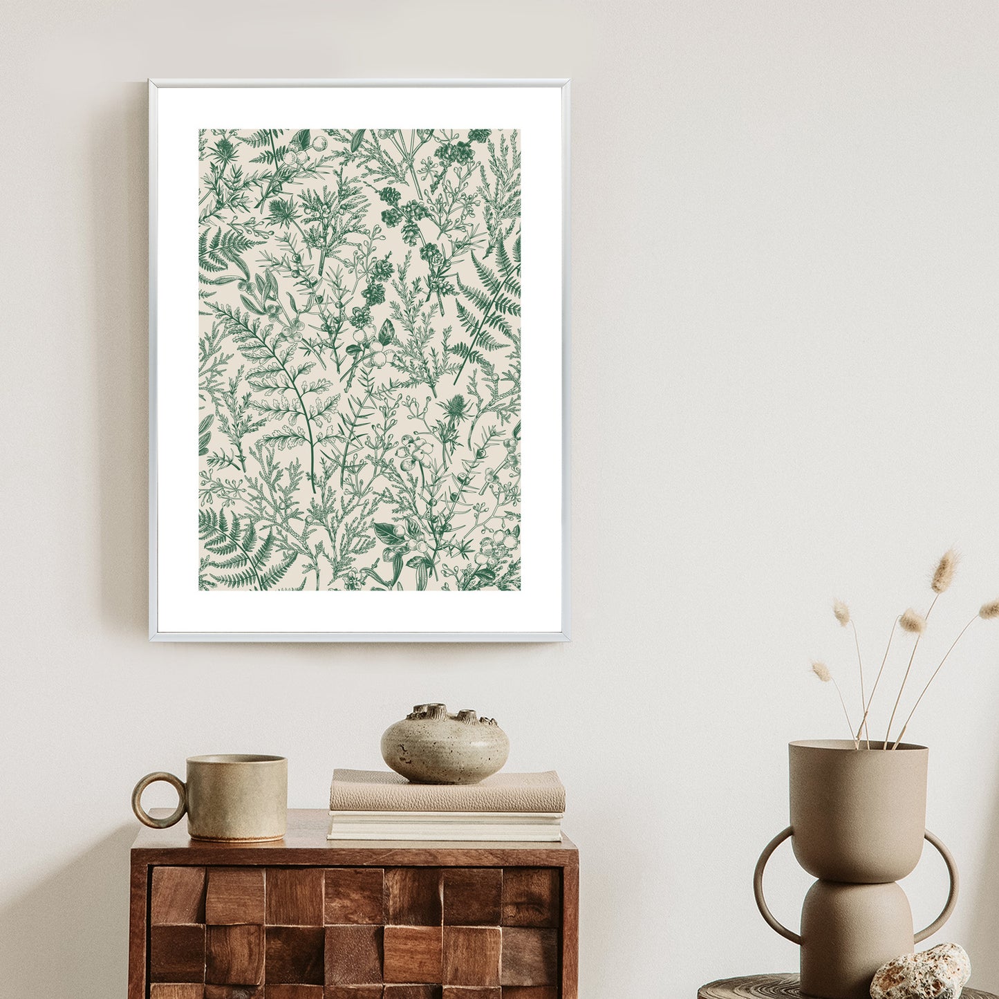 Poster Grüne Pflanzen Auf Beigem Hintergrund, Botanisches Muster