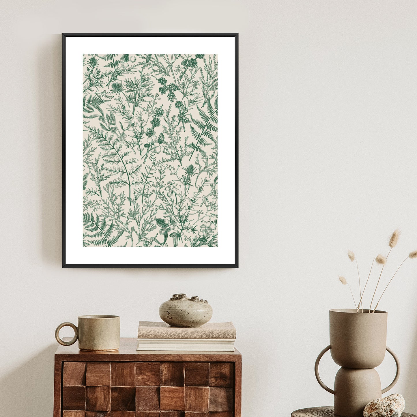 Poster Grüne Pflanzen Auf Beigem Hintergrund, Botanisches Muster