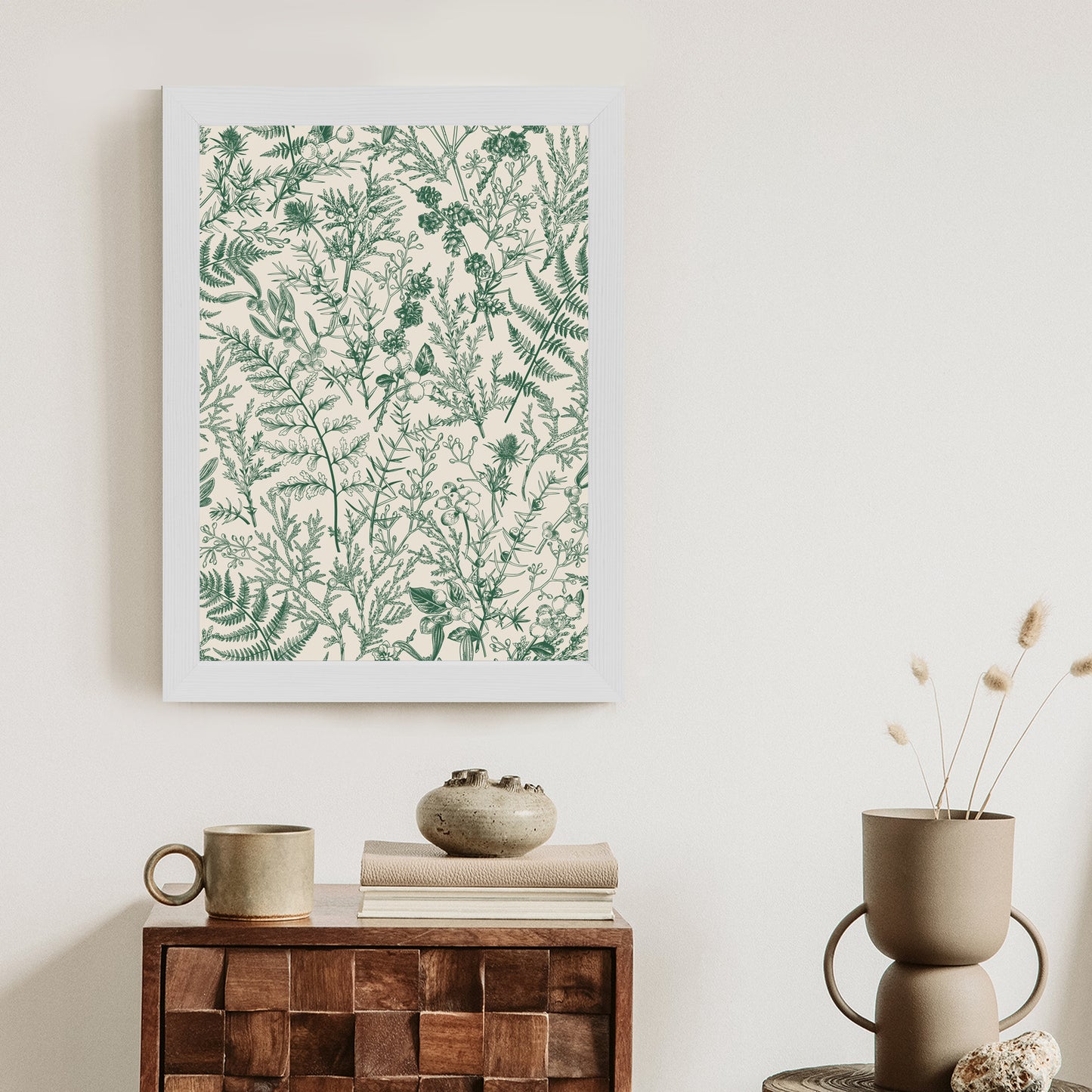 Poster Grüne Pflanzen Auf Beigem Hintergrund, Botanisches Muster
