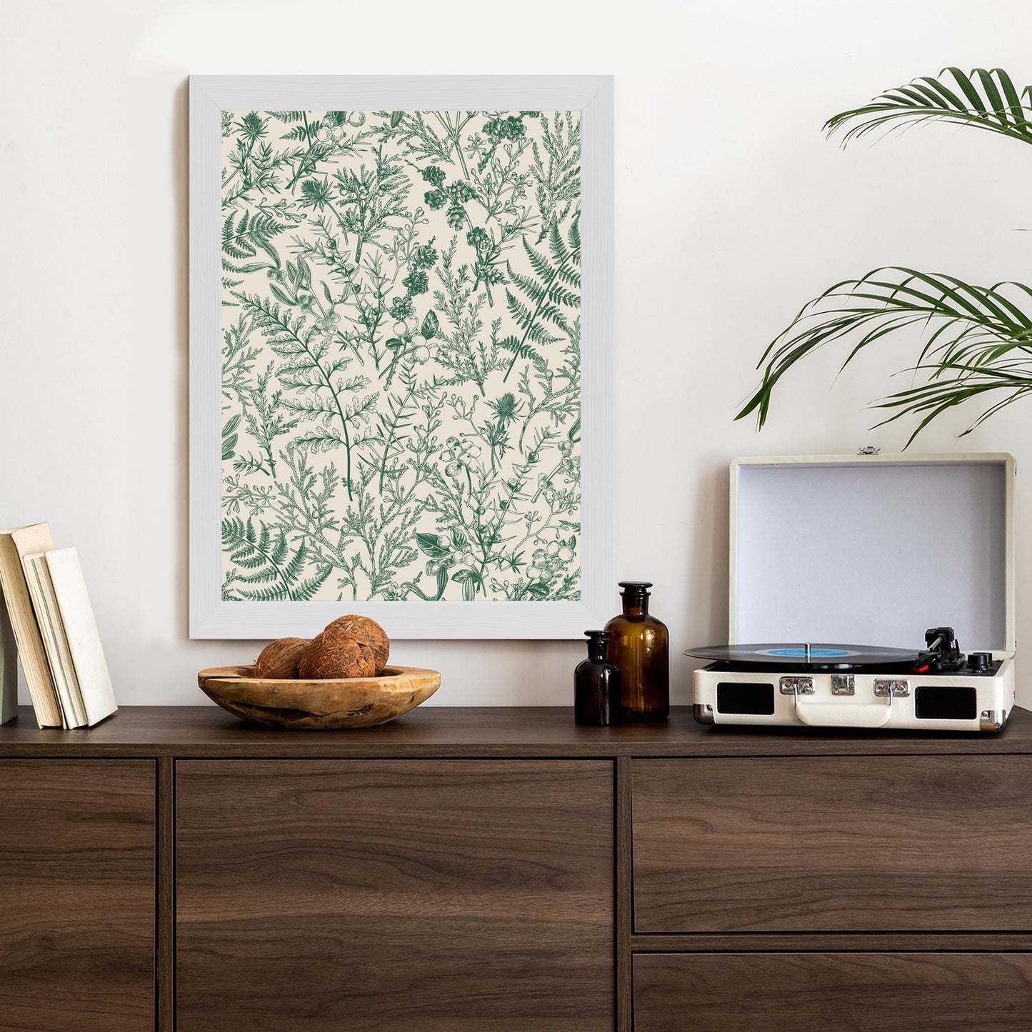Poster Grüne Pflanzen Auf Beigem Hintergrund, Botanisches Muster